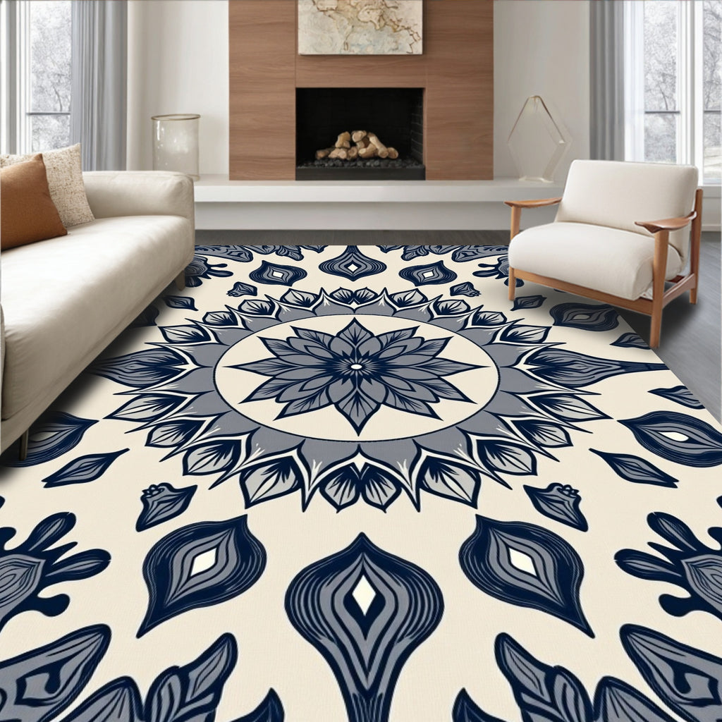 Floral Mandala Blue Cream Pattern Rug
