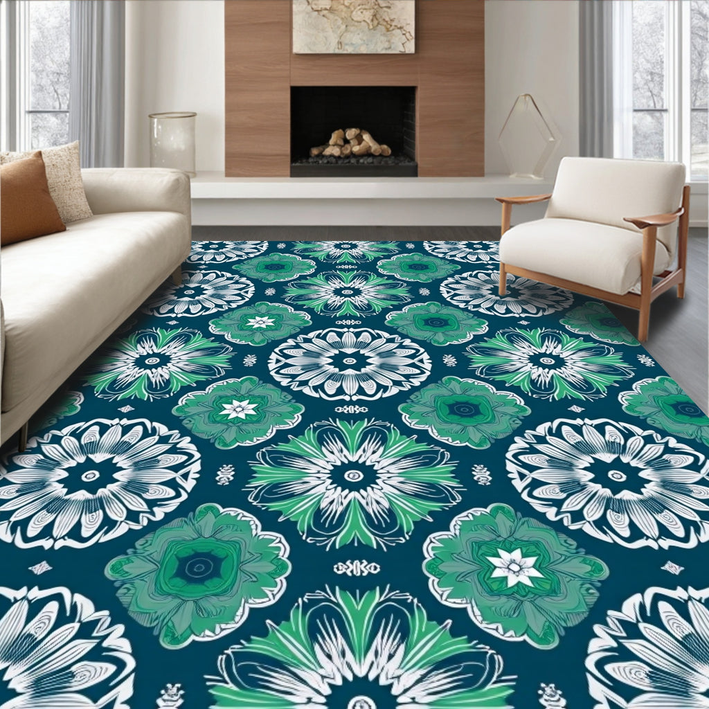 Deep Teal Emerald Mandala Bloom Rug