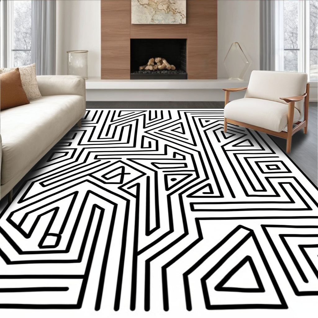 Modern Black White Geometric Maze Rug