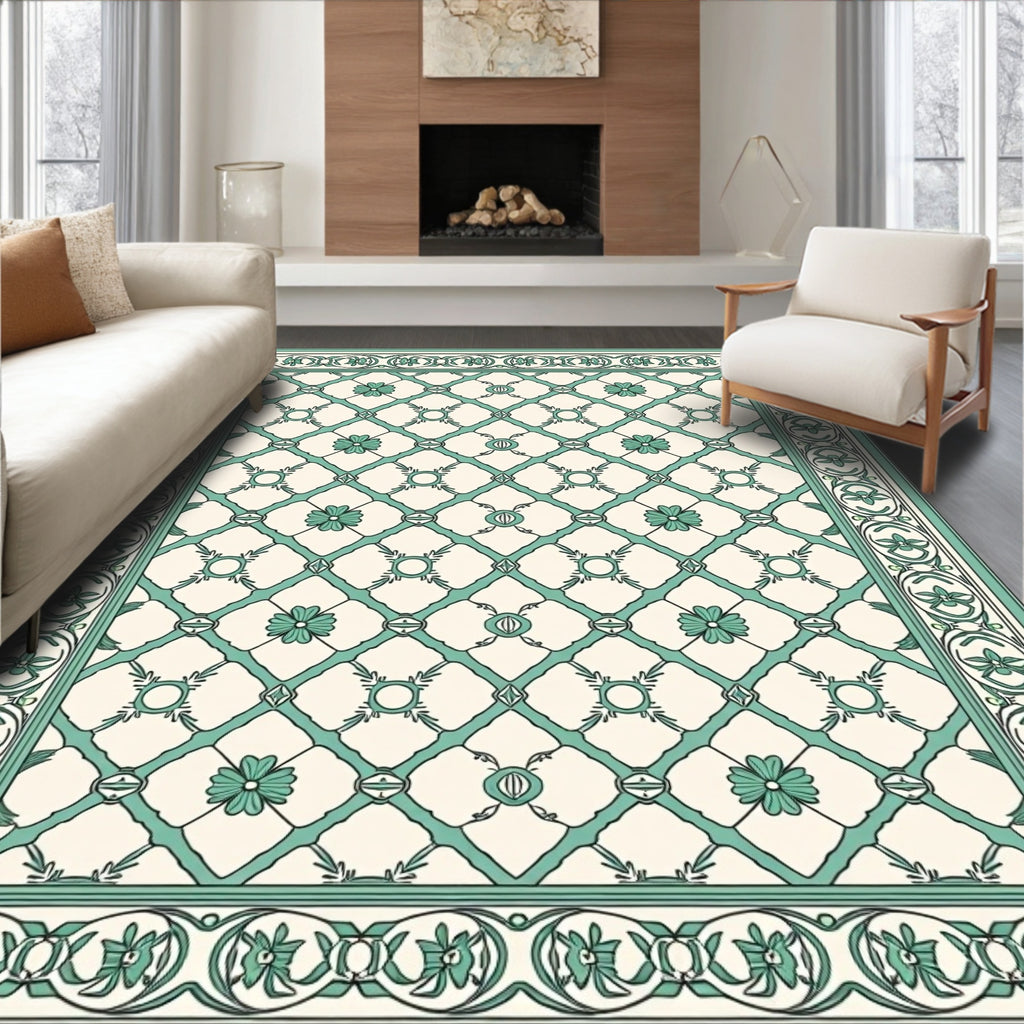 Mint Green Lattice Floral Art Deco Rug