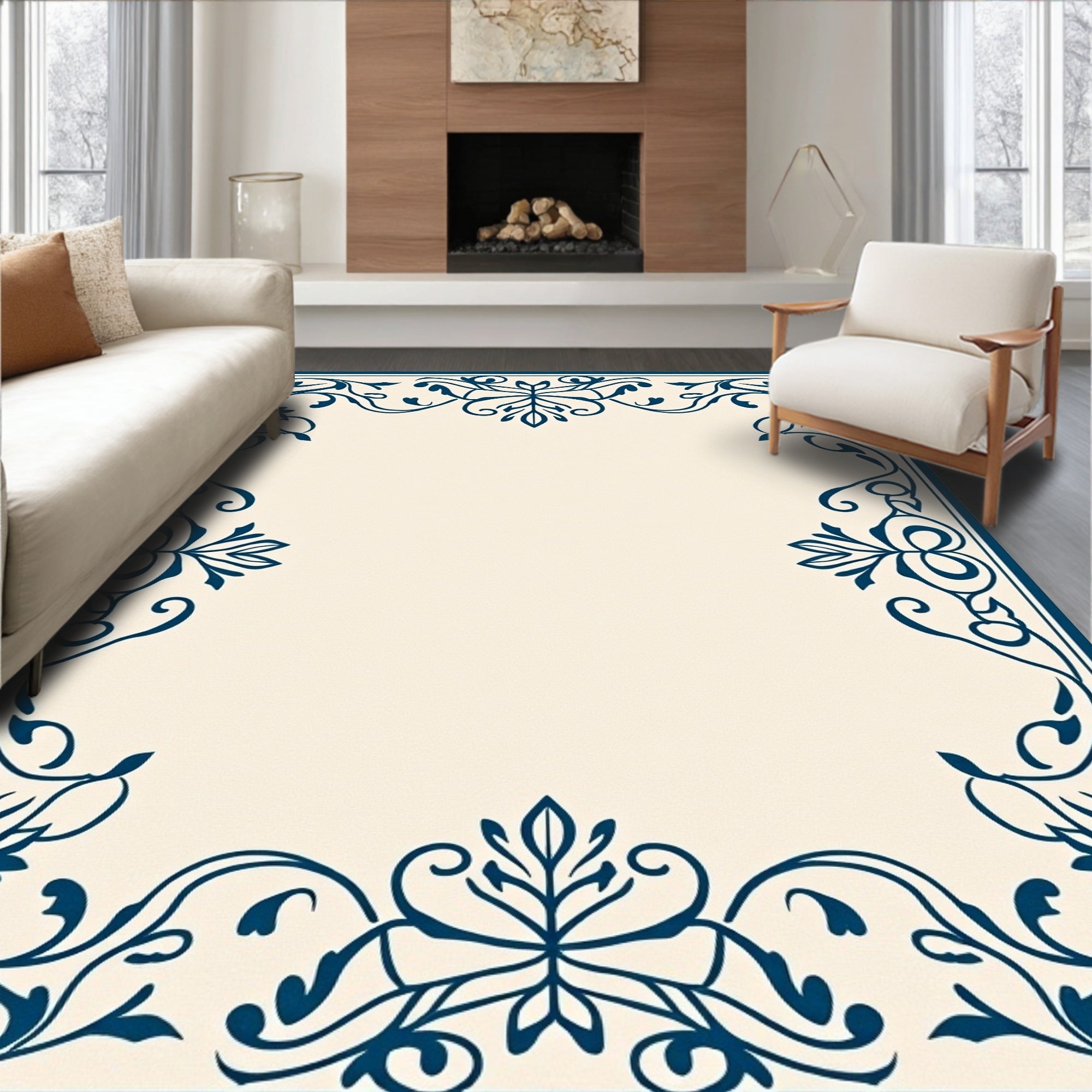 Damask Floral Scroll Border Design Rug