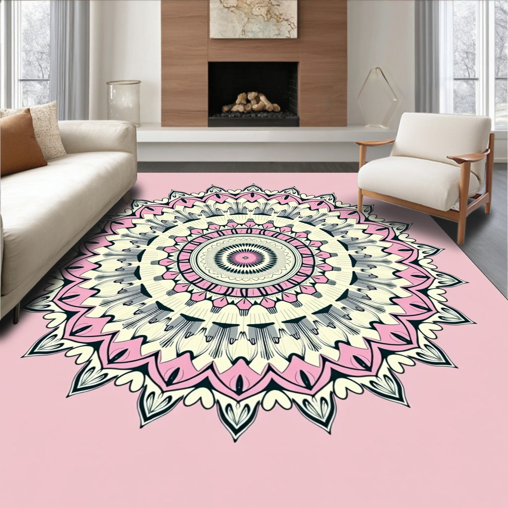 Pink Cream Intricate Mandala Design Rug
