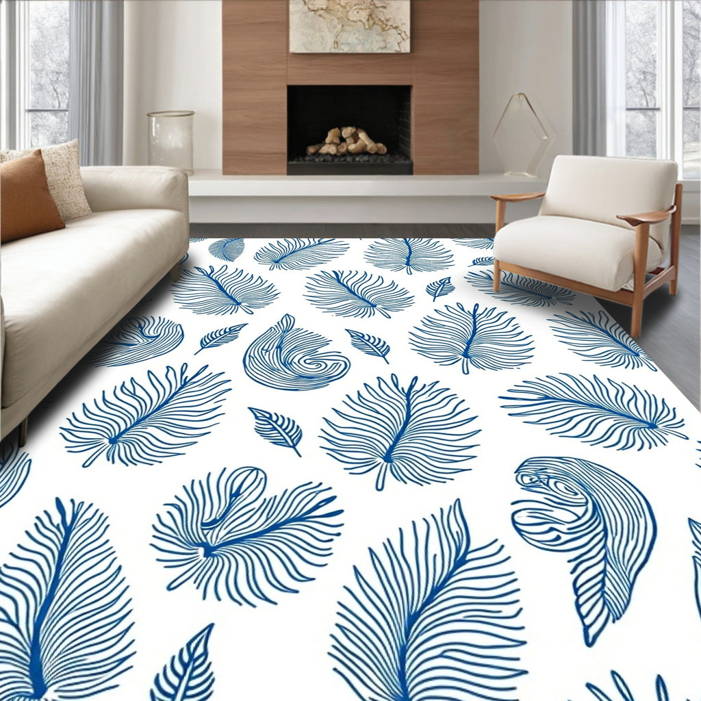 Blue Line Art Feather Pattern Rug