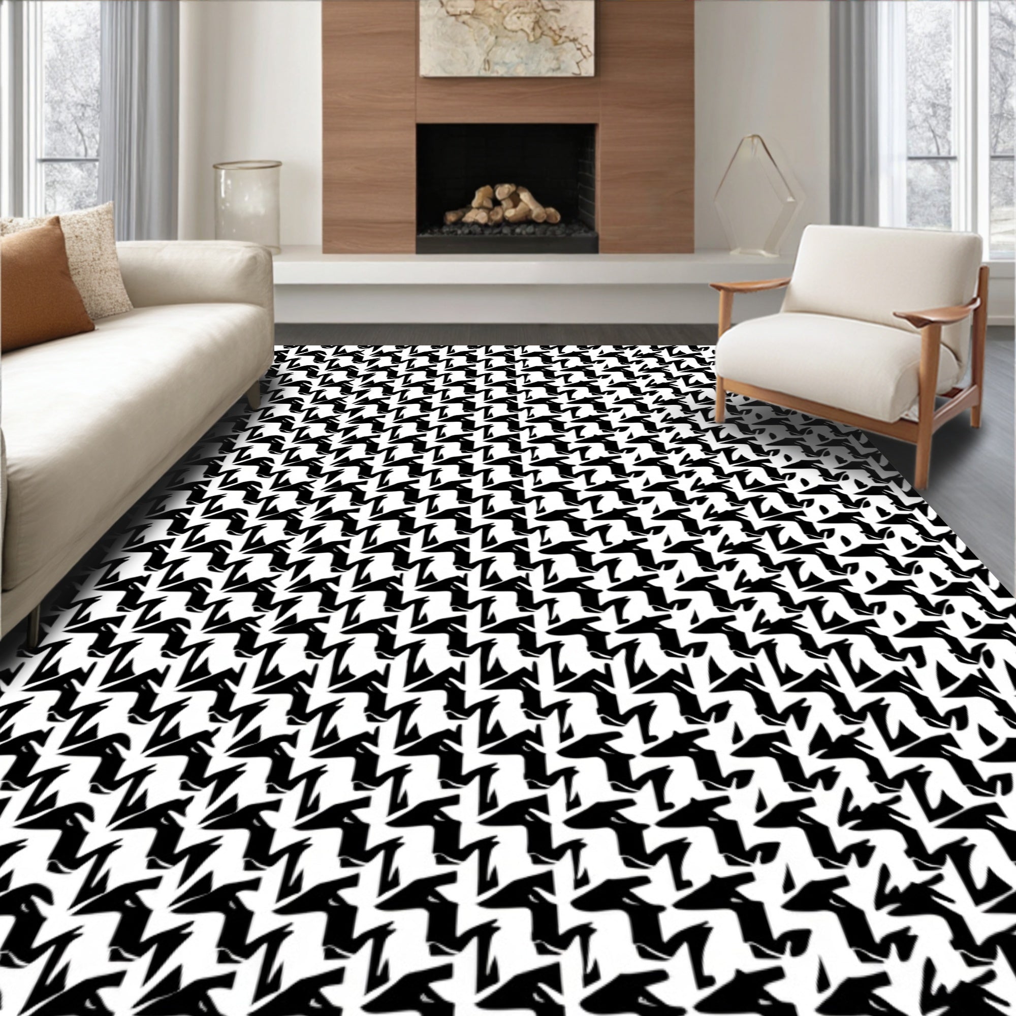 Classic Monochrome Houndstooth Pattern Rug