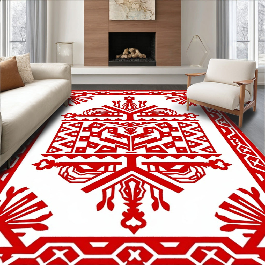 Bold Red Geometric Tribal Patterns Rug