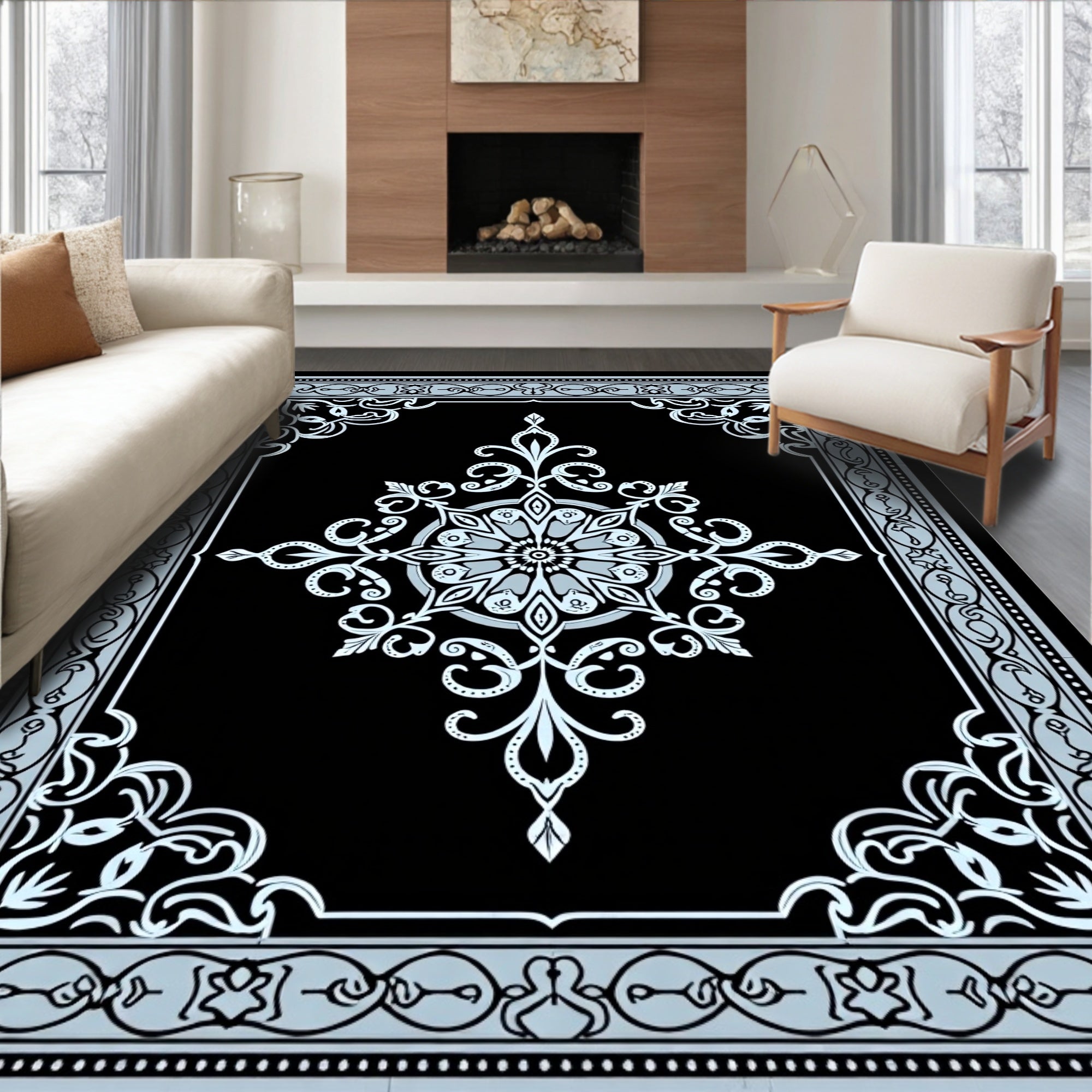 Intricate Floral Medallion Border Design Rug