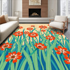 Whimsical Orange Flowers In Green Field Rug
