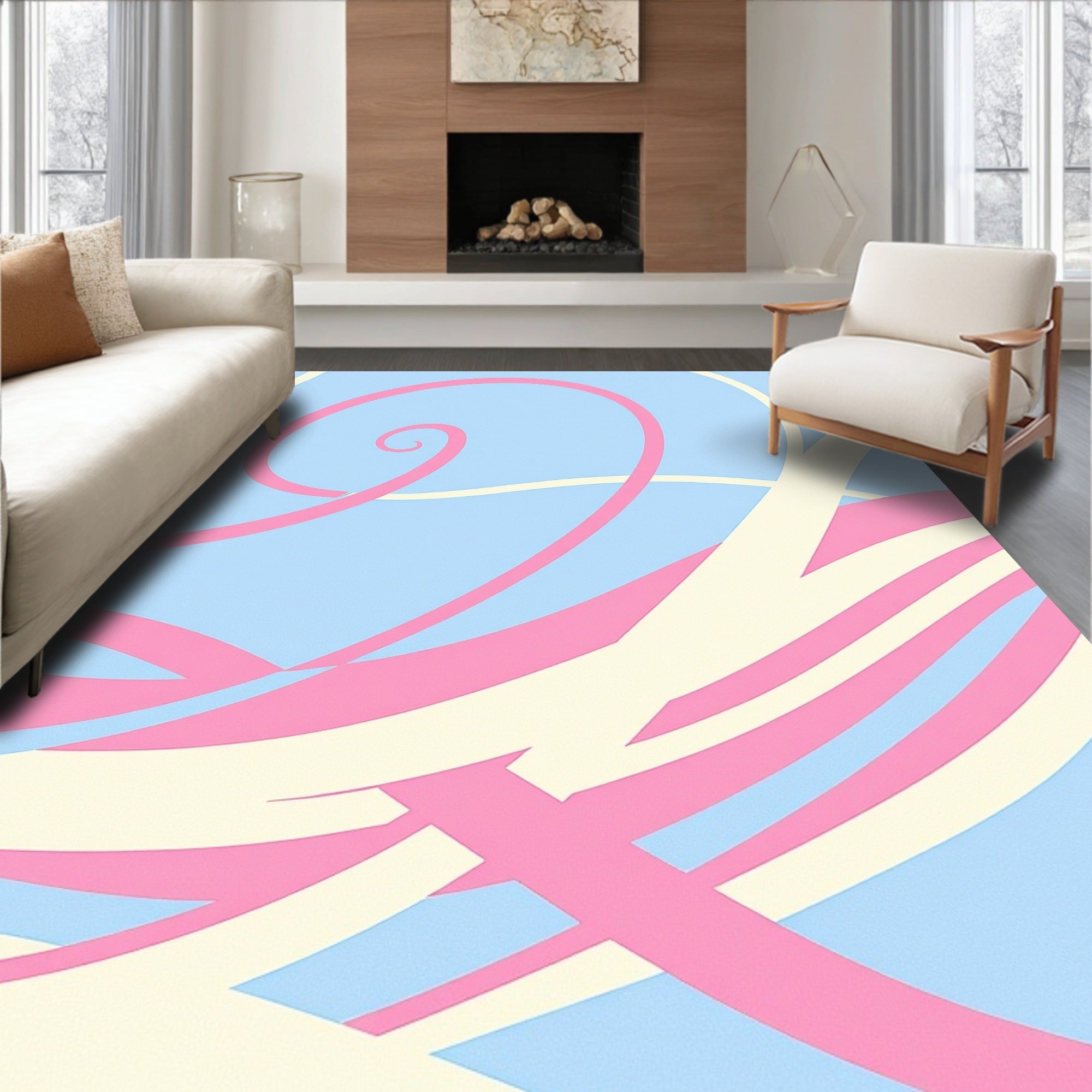 Soft Pink Cream Abstract Swirls Rug