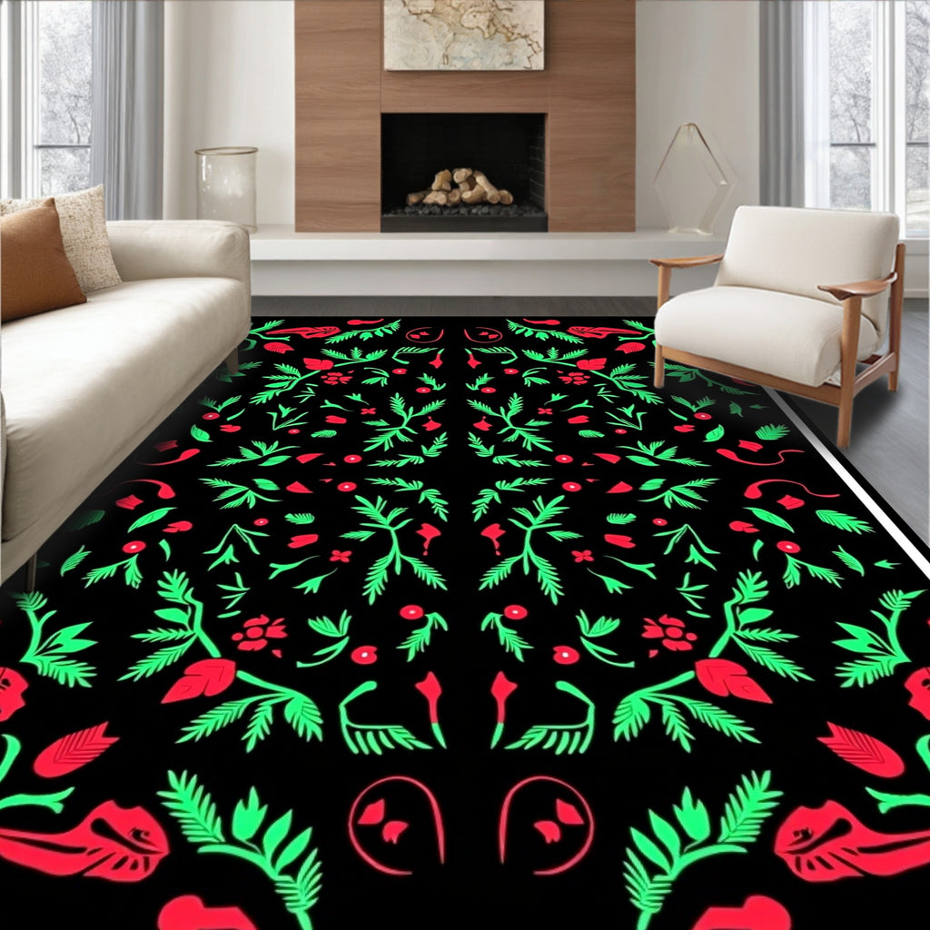 Vibrant Red Green Botanical Garden Rug