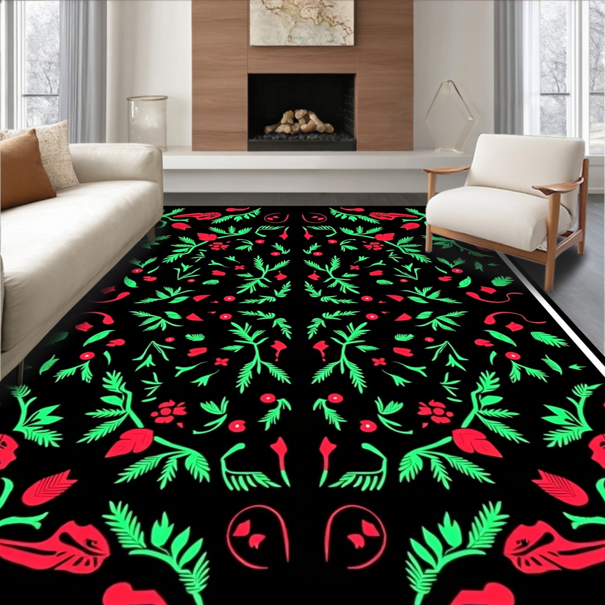 Vibrant Red Green Botanical Garden Rug