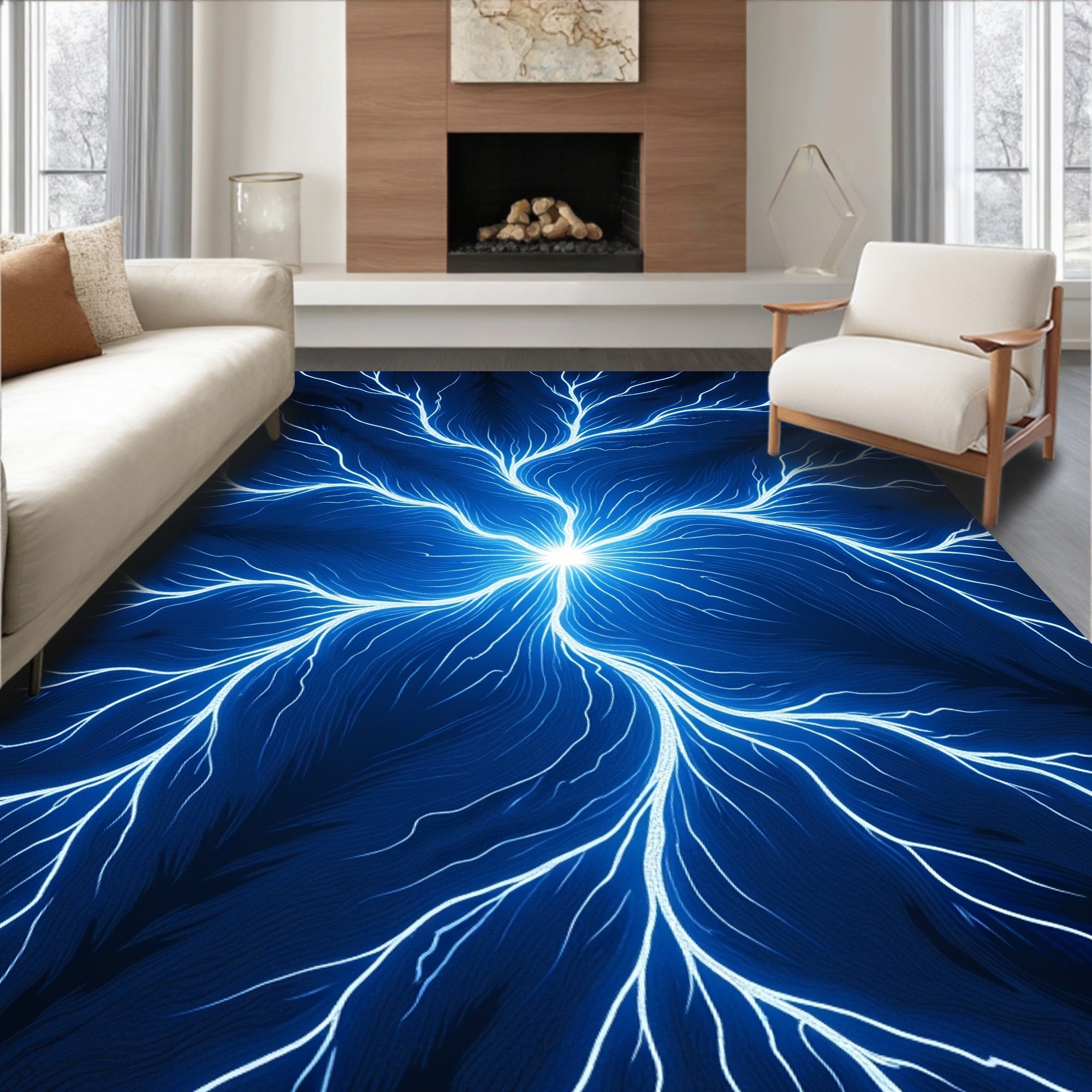 Electric Blue Branching Pattern Design Rug