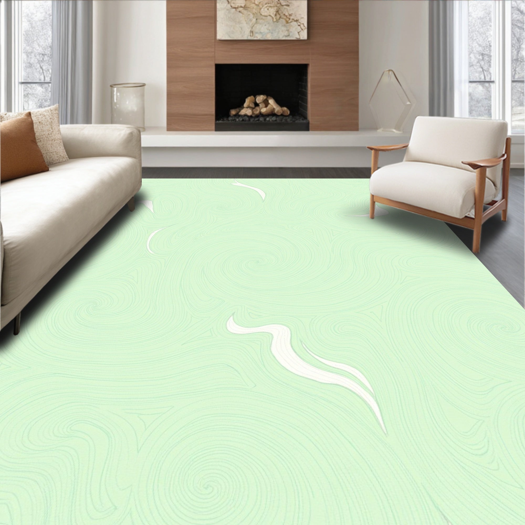 Abstract Swirling Mint And White Design Rug