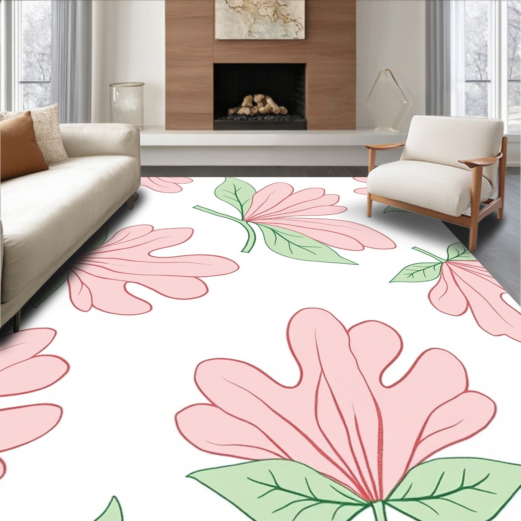 Pink Green Floral Pattern Rug