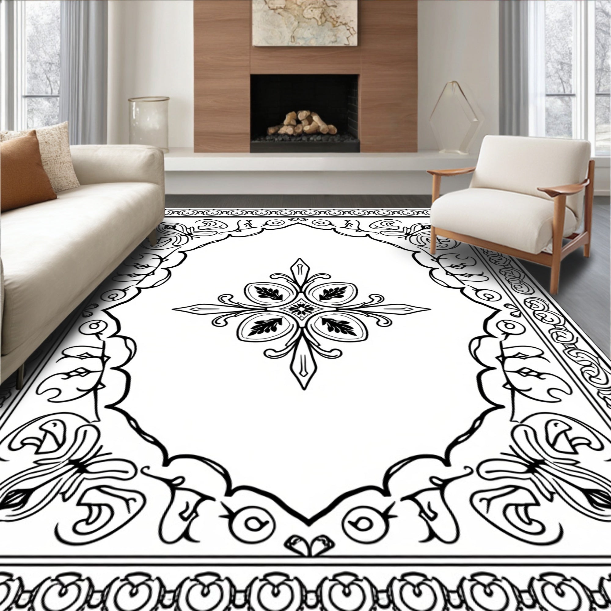 Classic Black White Floral Scroll Rug