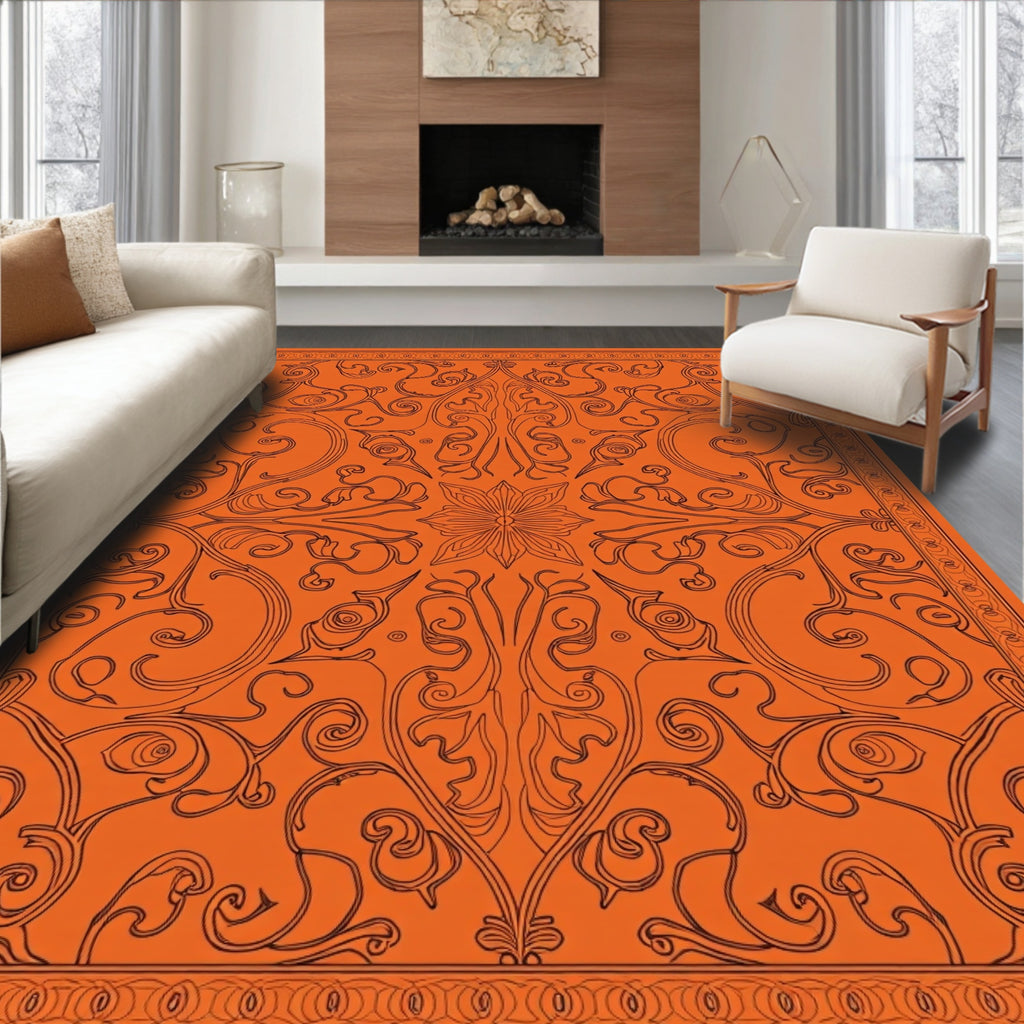 Intricate Floral Swirls Orange Design Rug