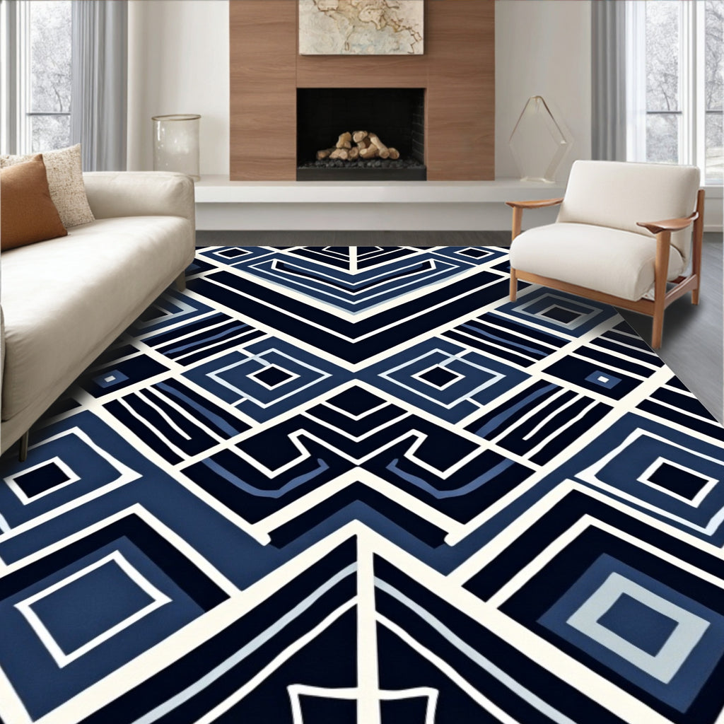 Geometric Blue White Diamond Pattern Rug