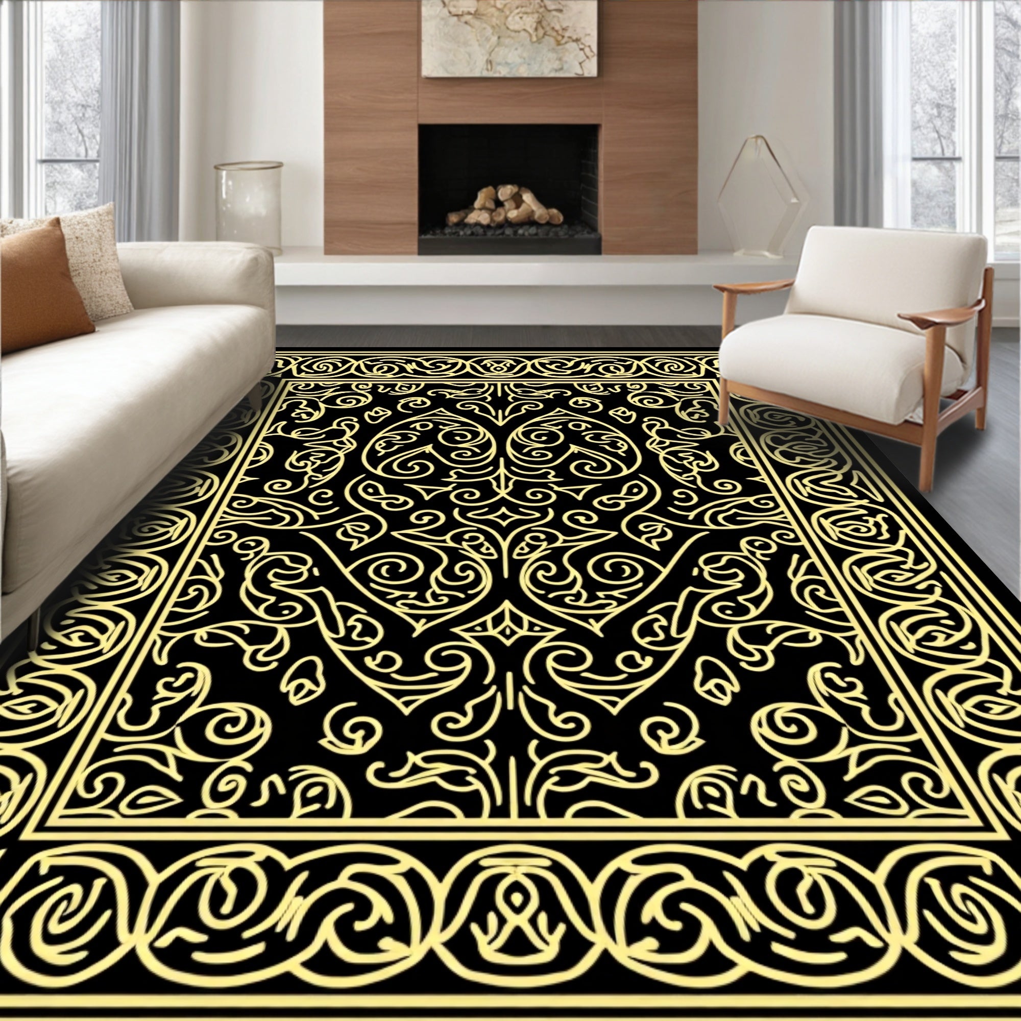 Ornate Scrollwork Yellow and Black Rug