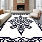 Black White Ornate Floral Pattern Rug