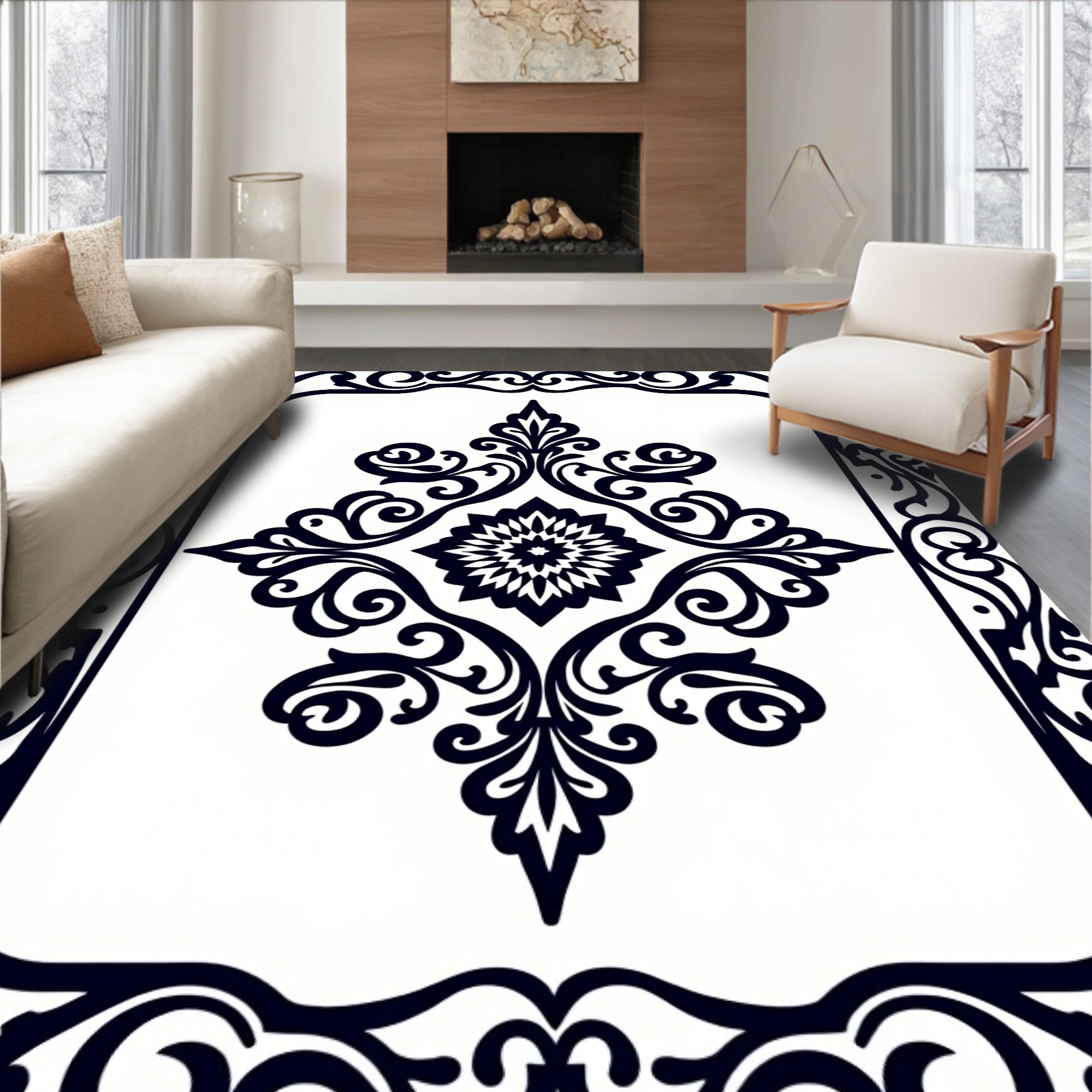 Black White Ornate Floral Pattern Rug