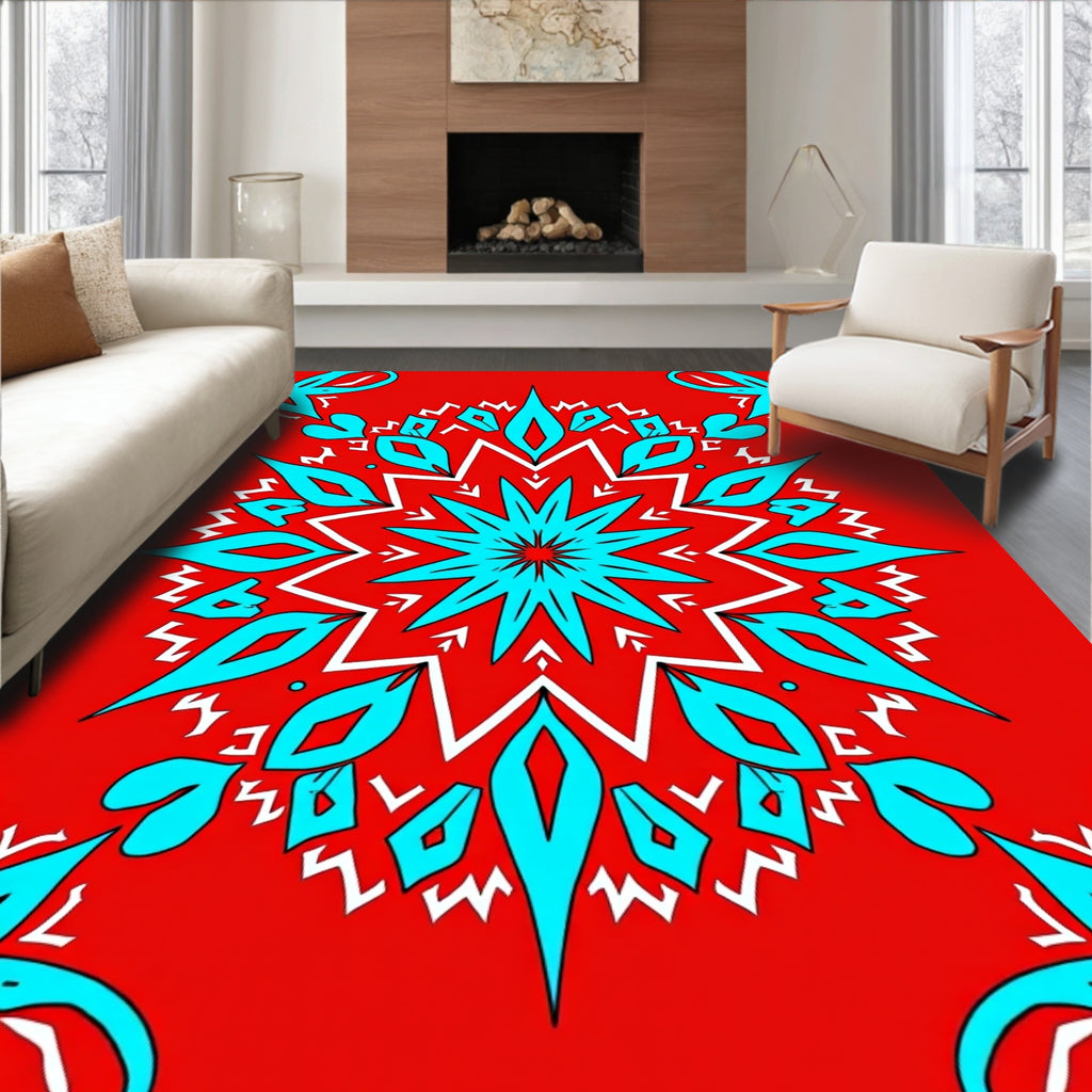Vibrant Red Teal Snowflake Mandala Design Rug