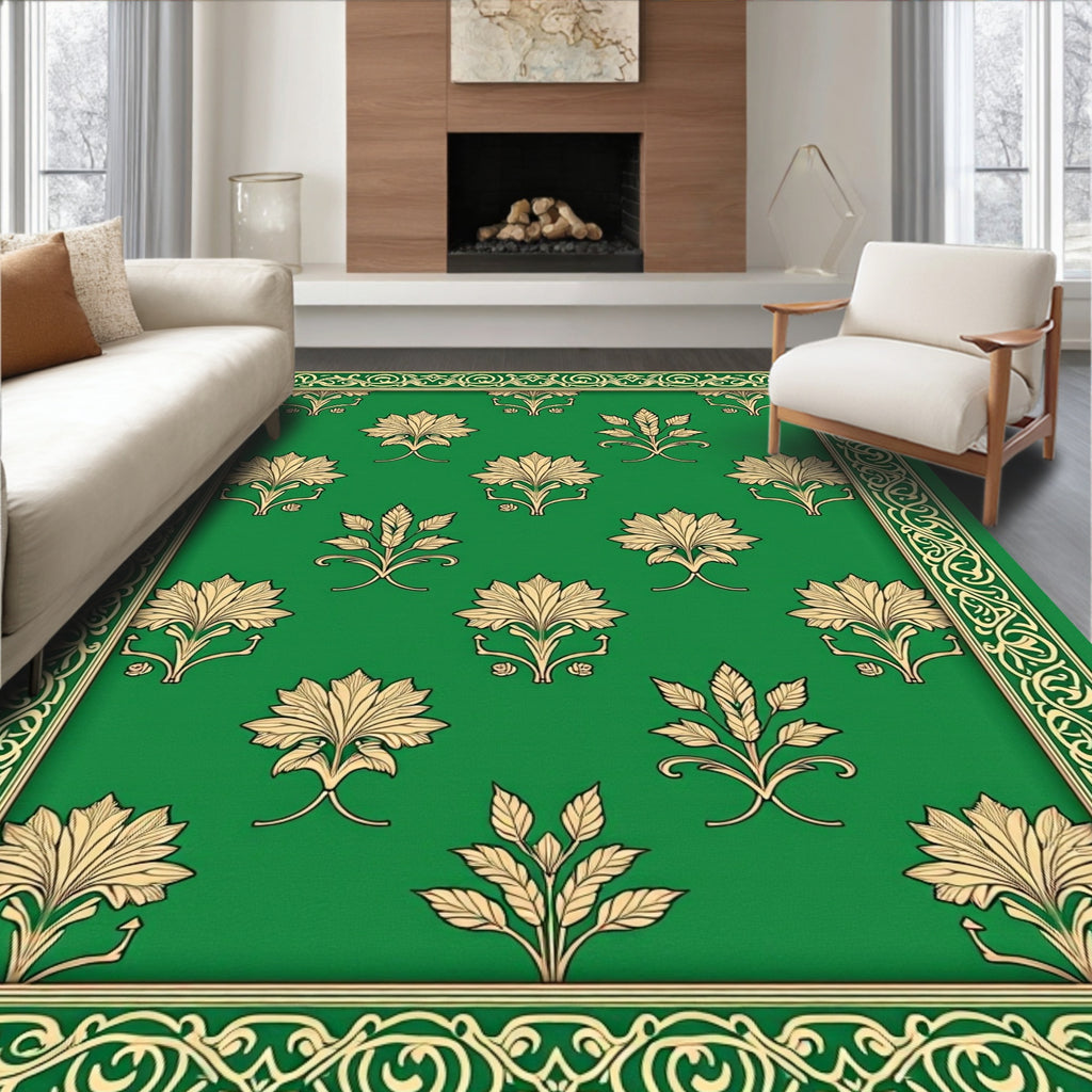 Golden Floral Patterned Emerald Rug