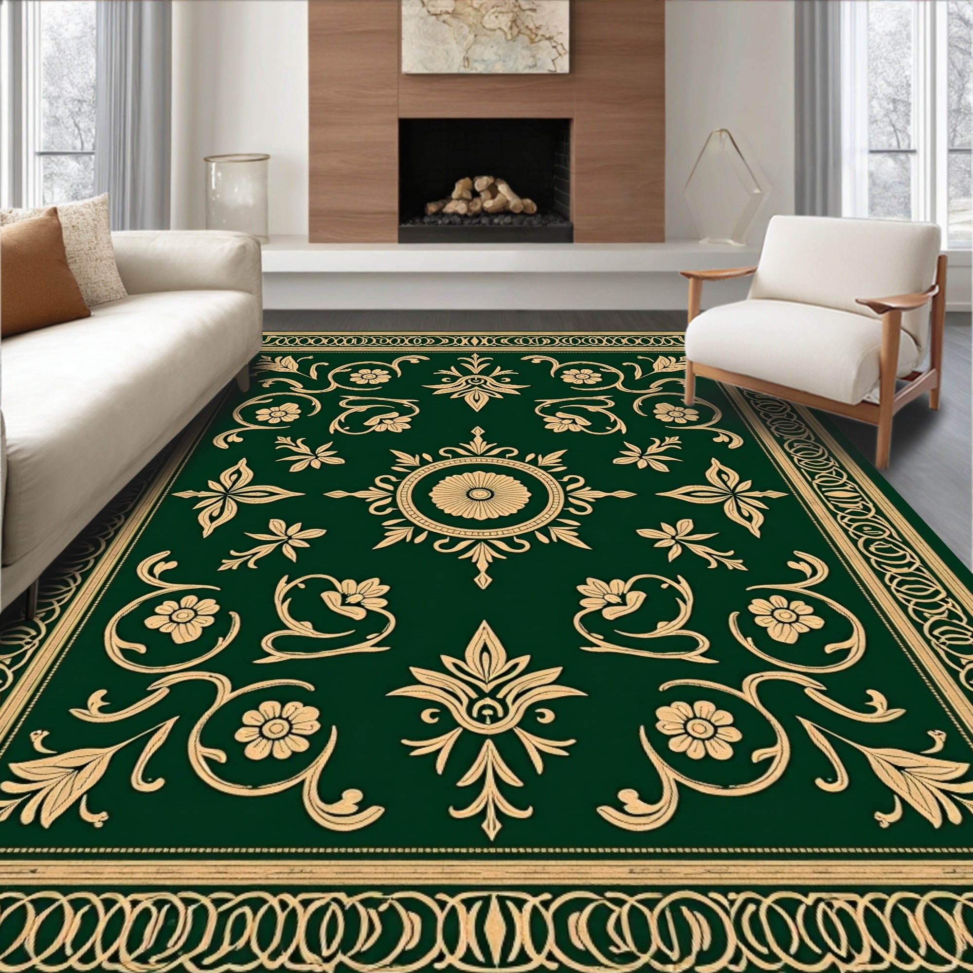 Green And Gold Floral Medallion Rug