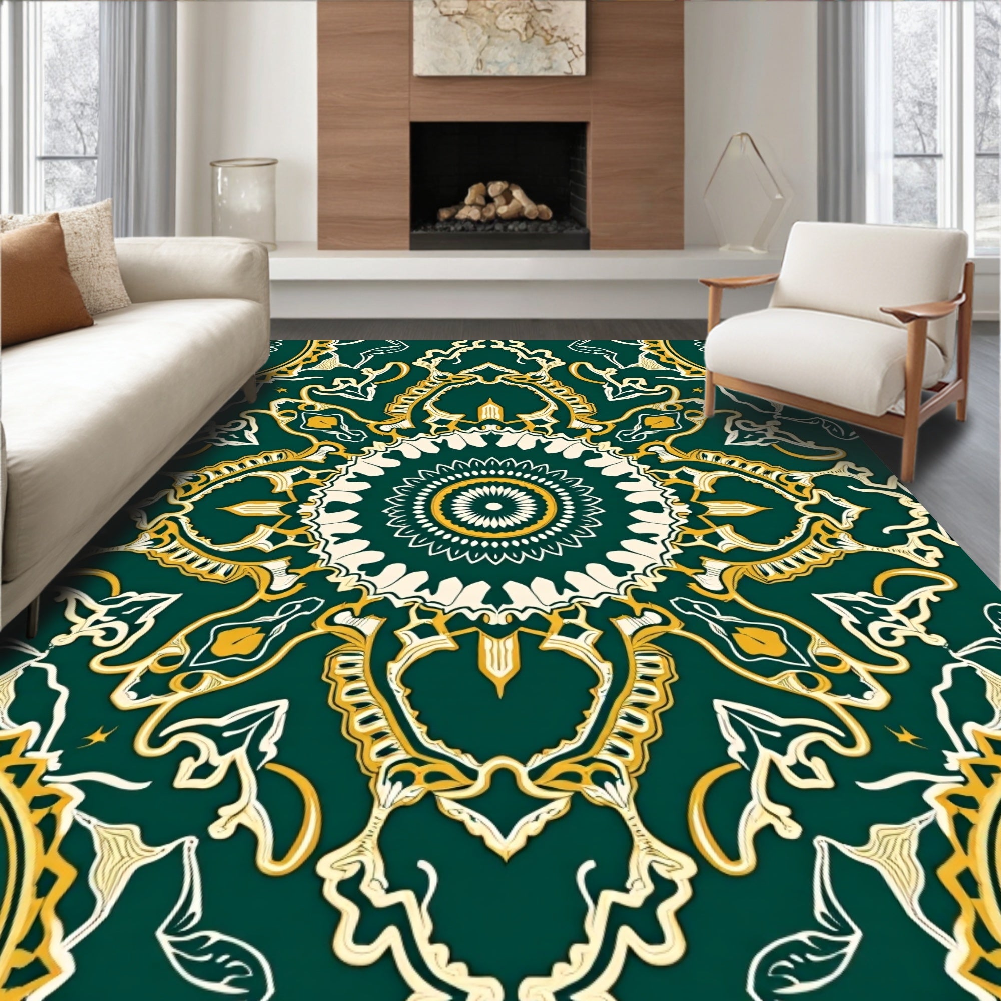 Emerald and Gold Ornate Mandala Design Rug