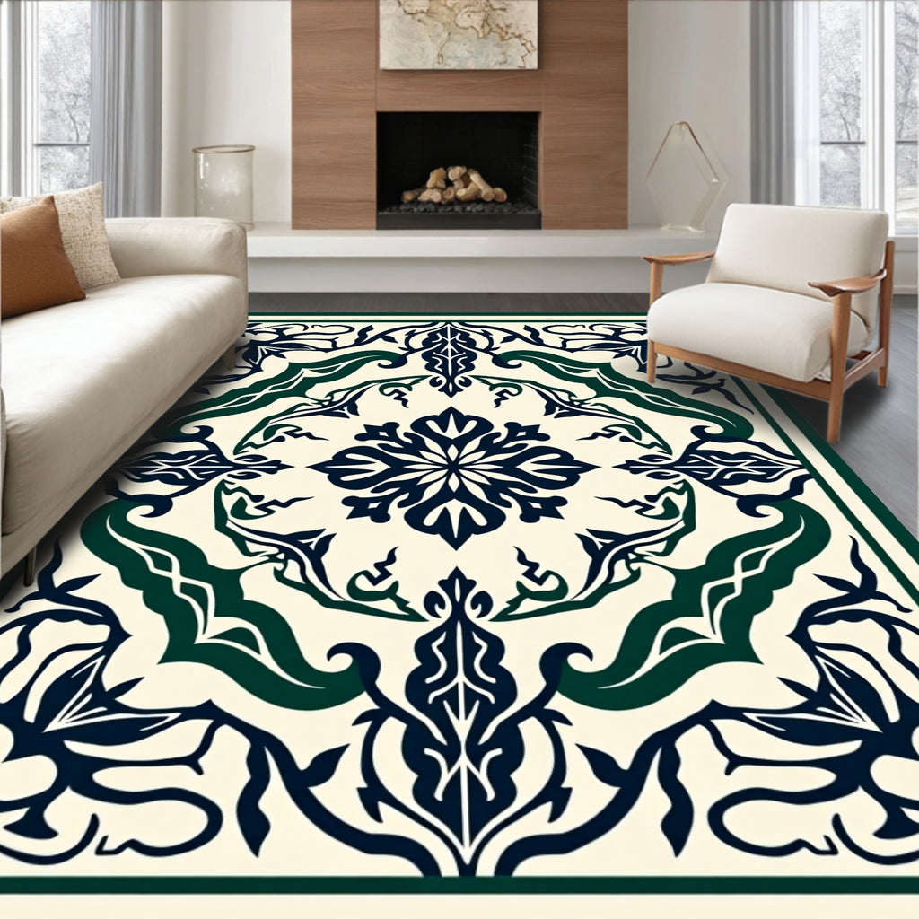 Ornate Floral Swirls Cream Green Rug