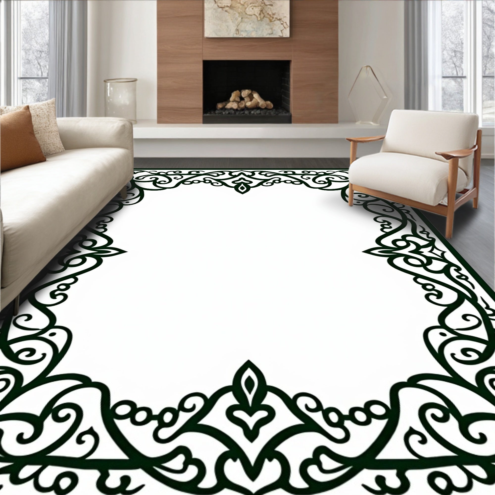 Ornate Scrollwork Black Decorative Border Rug