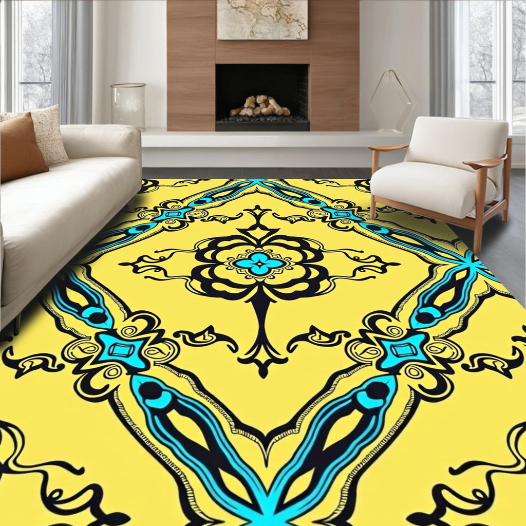 Vibrant Yellow Teal Abstract Symmetry Rug