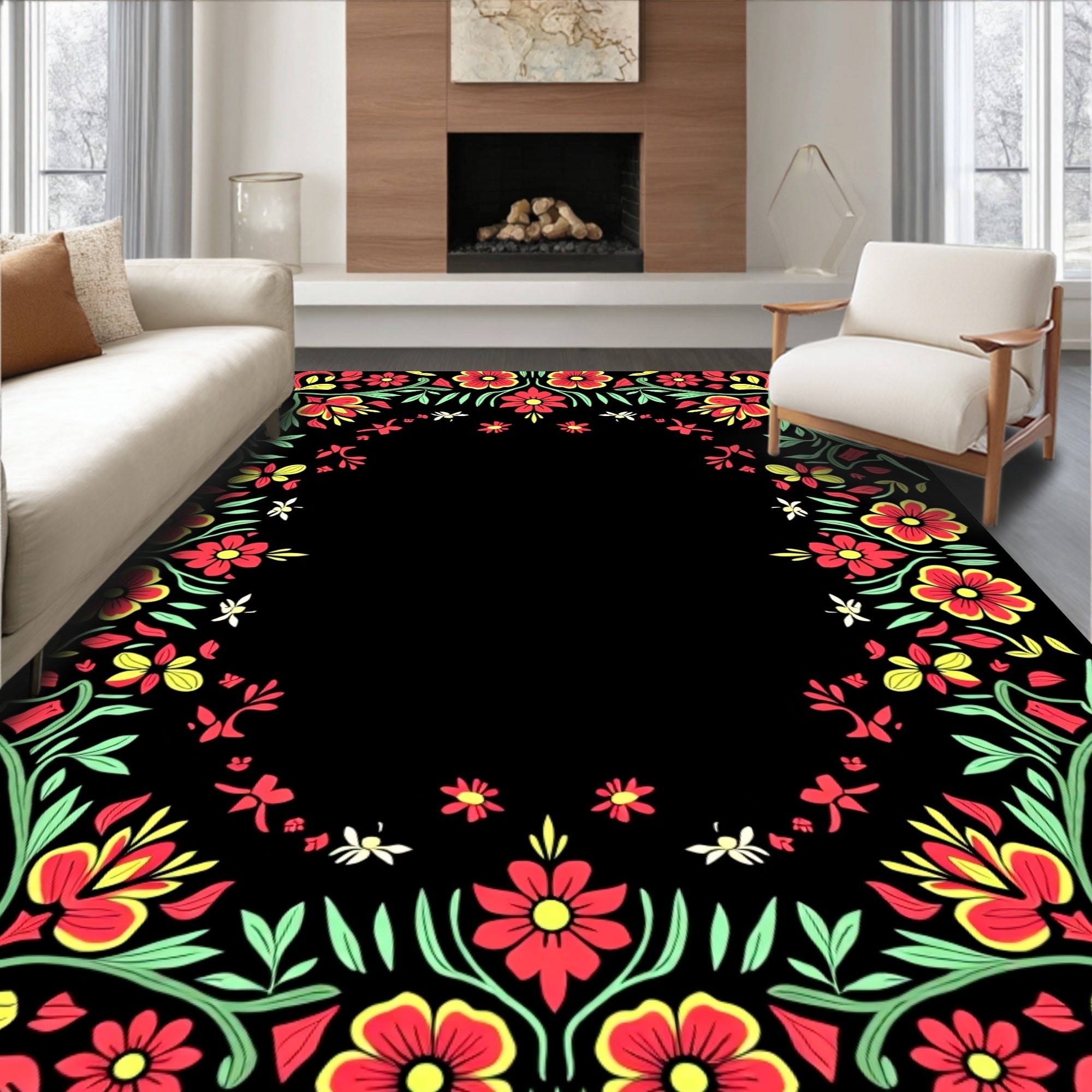 Vibrant Floral Border Design Rug