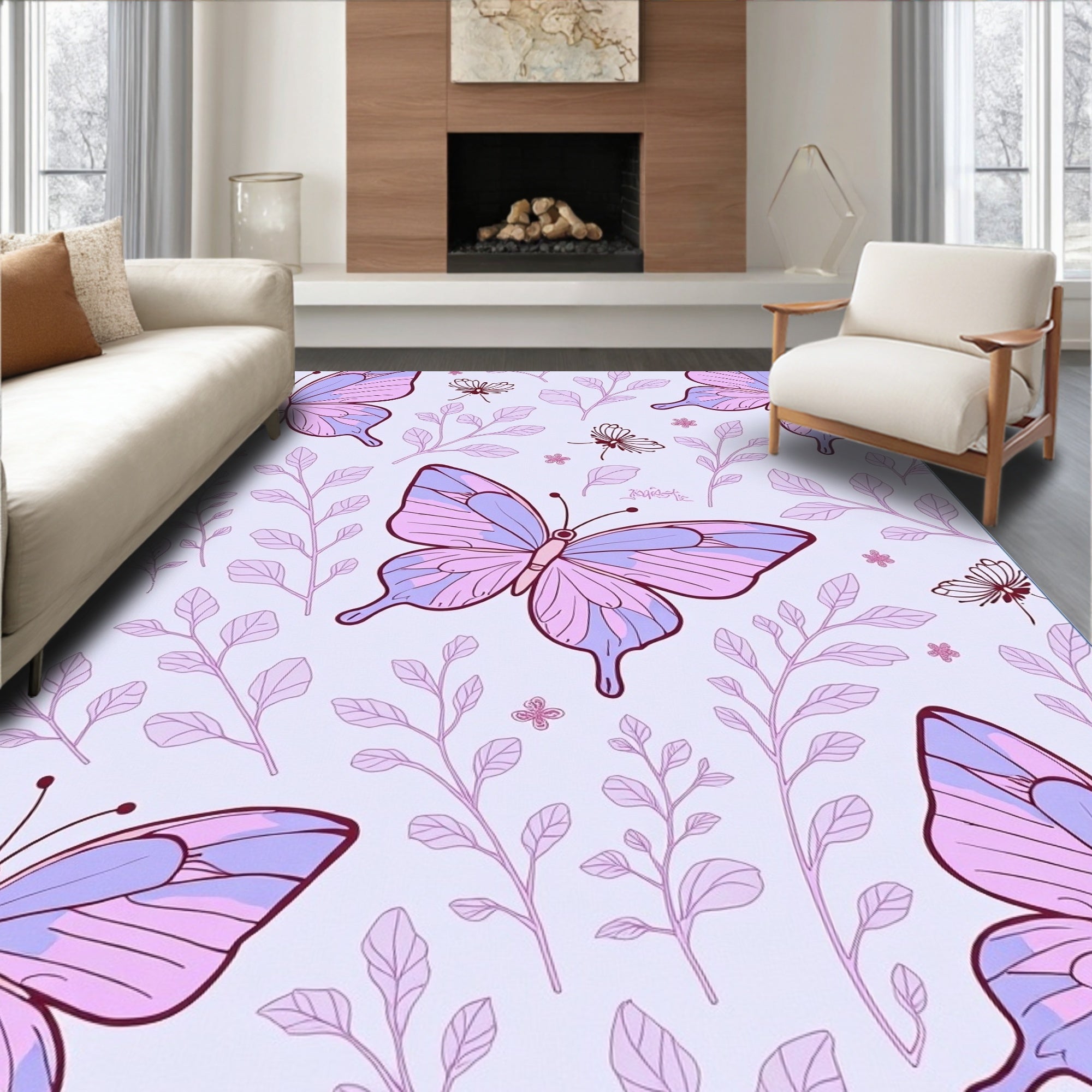 Whimsical Butterfly Botanical Pattern Rug