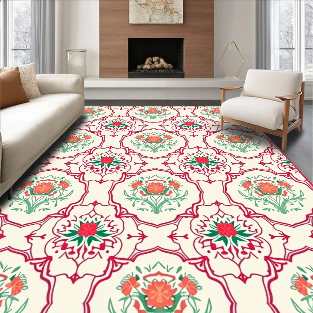 Ornate Floral Medallion Red Green Pattern Rug
