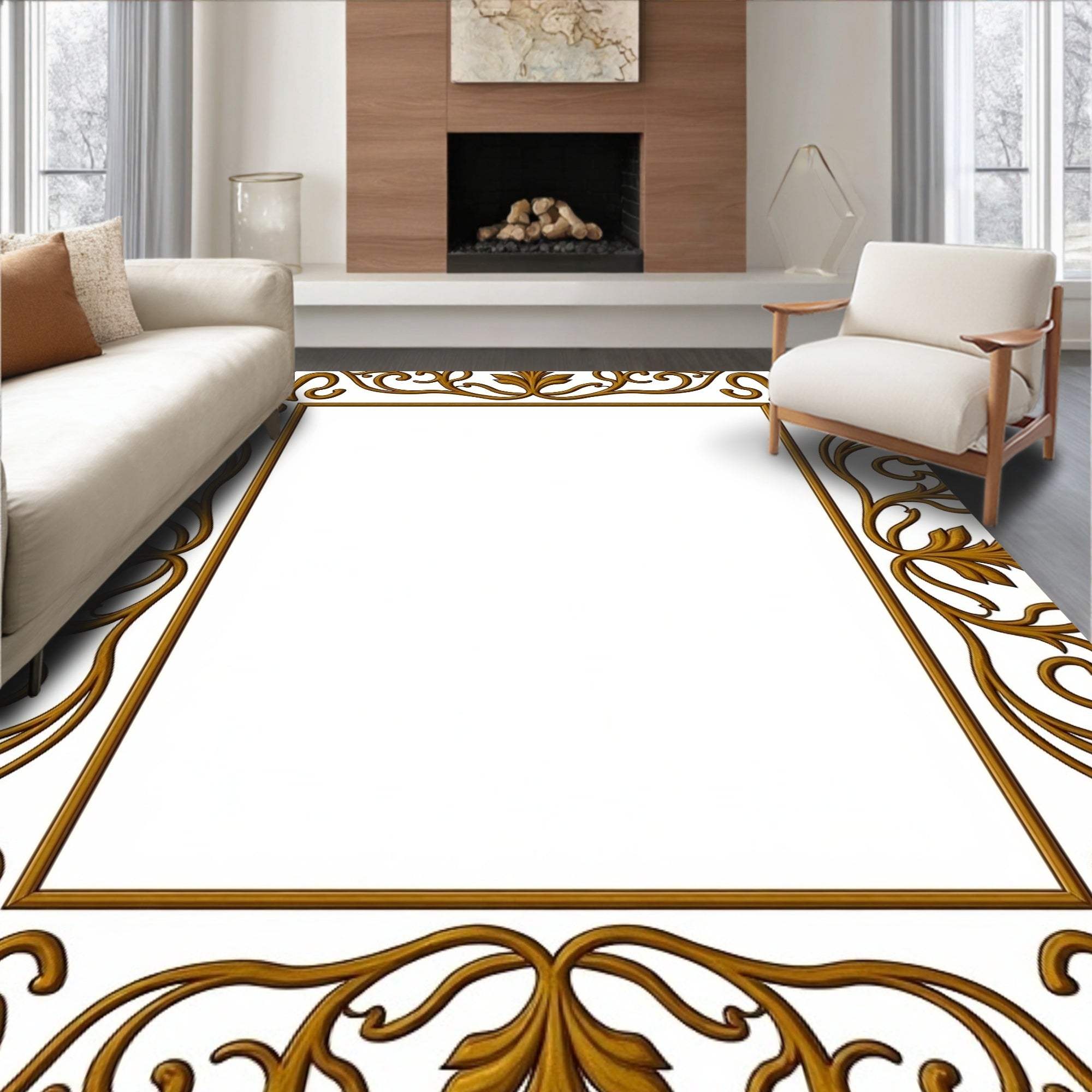 Ornate Gold Leaf Scroll Border Design Rug