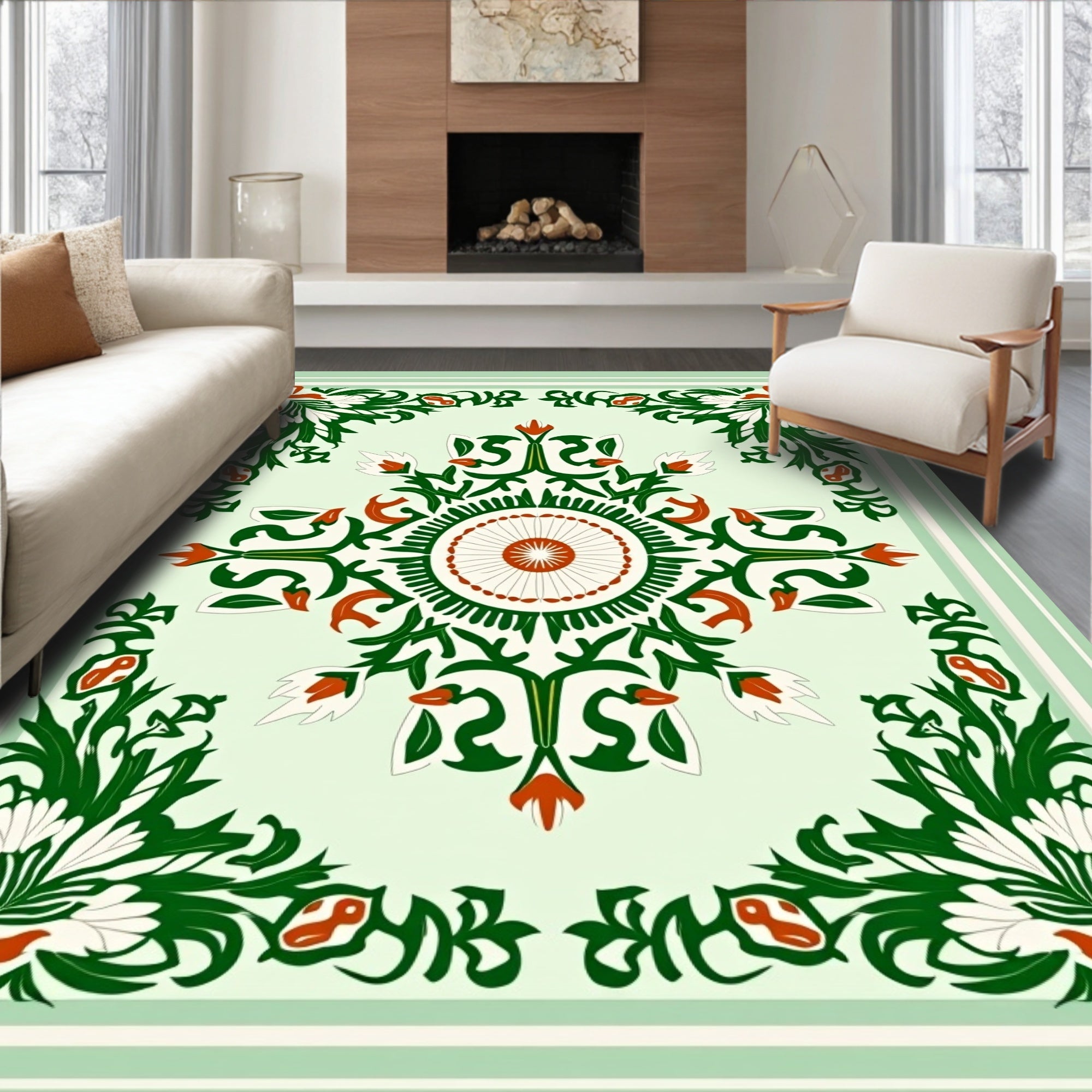 Green Red White Floral Medallion Design Rug