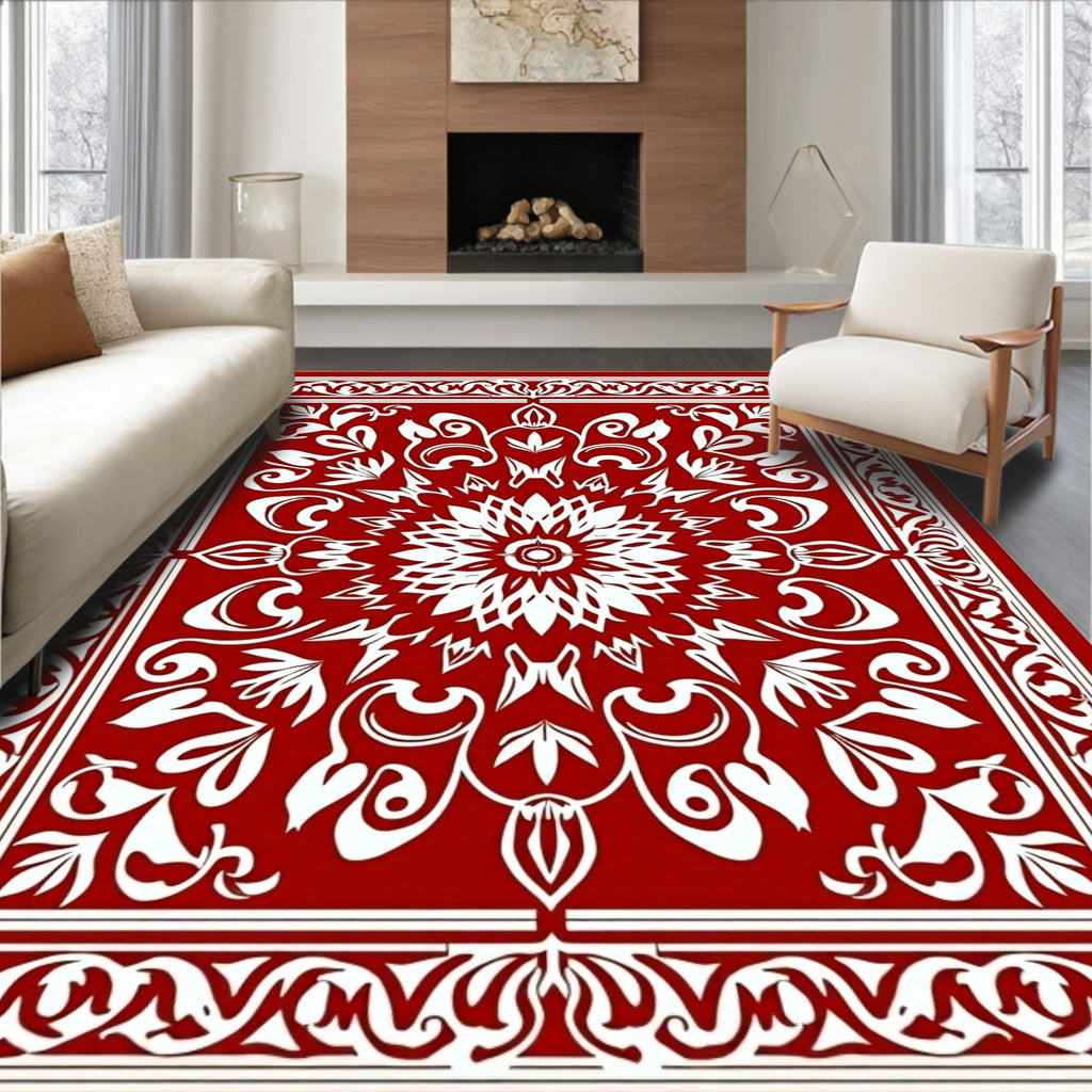 Bold Red White Floral Mandala Rug