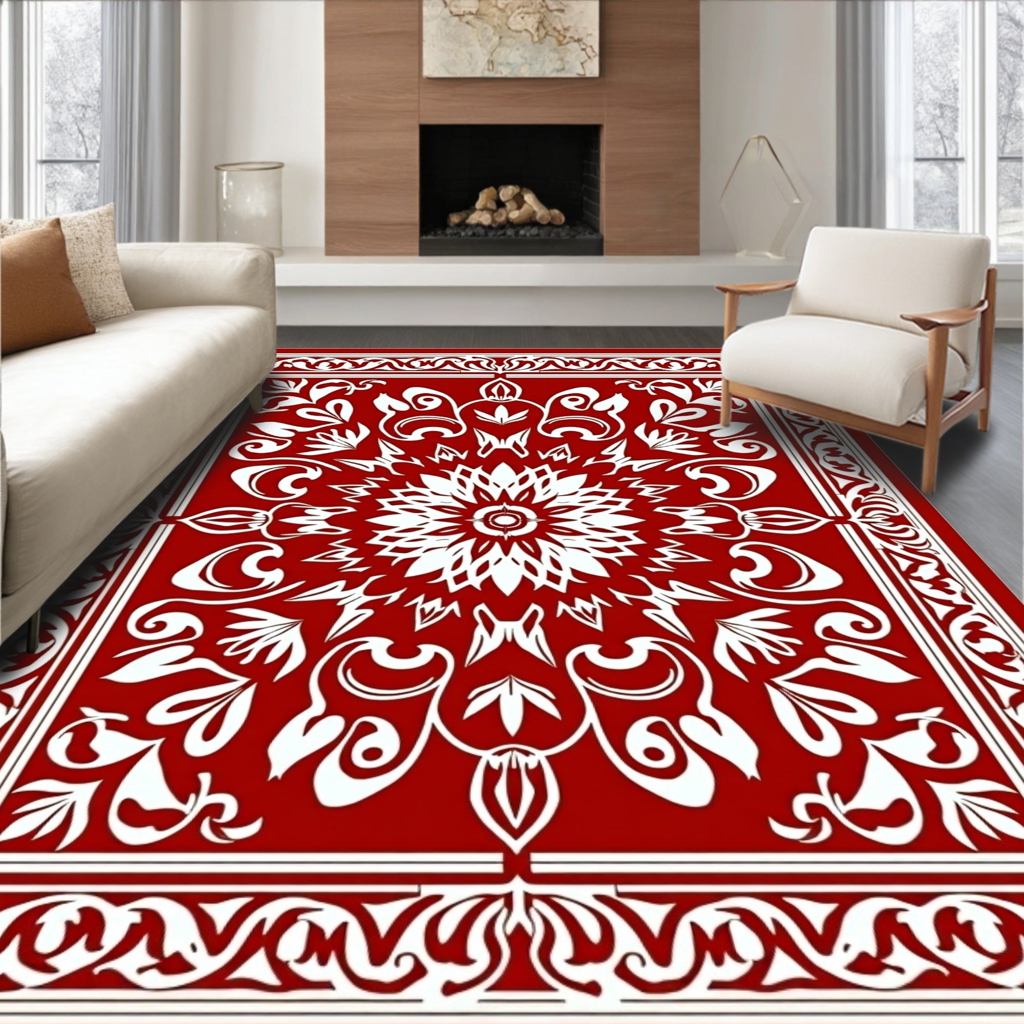 Bold Red White Floral Mandala Rug
