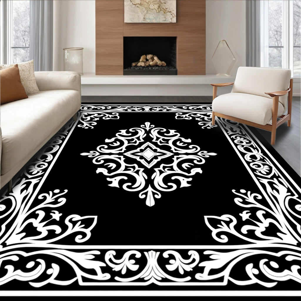 Classic White Scrollwork Floral Pattern Rug
