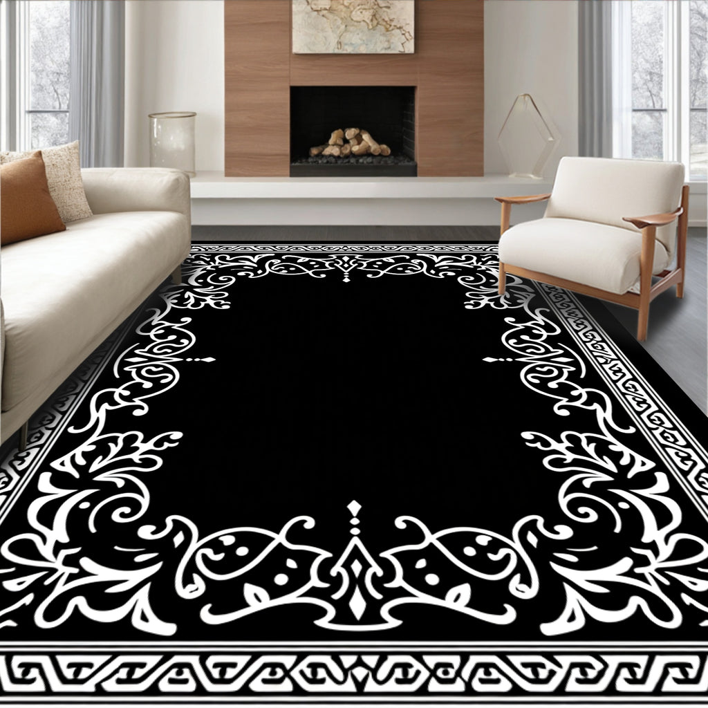 Ornate White Damask Scrollwork Design Rug