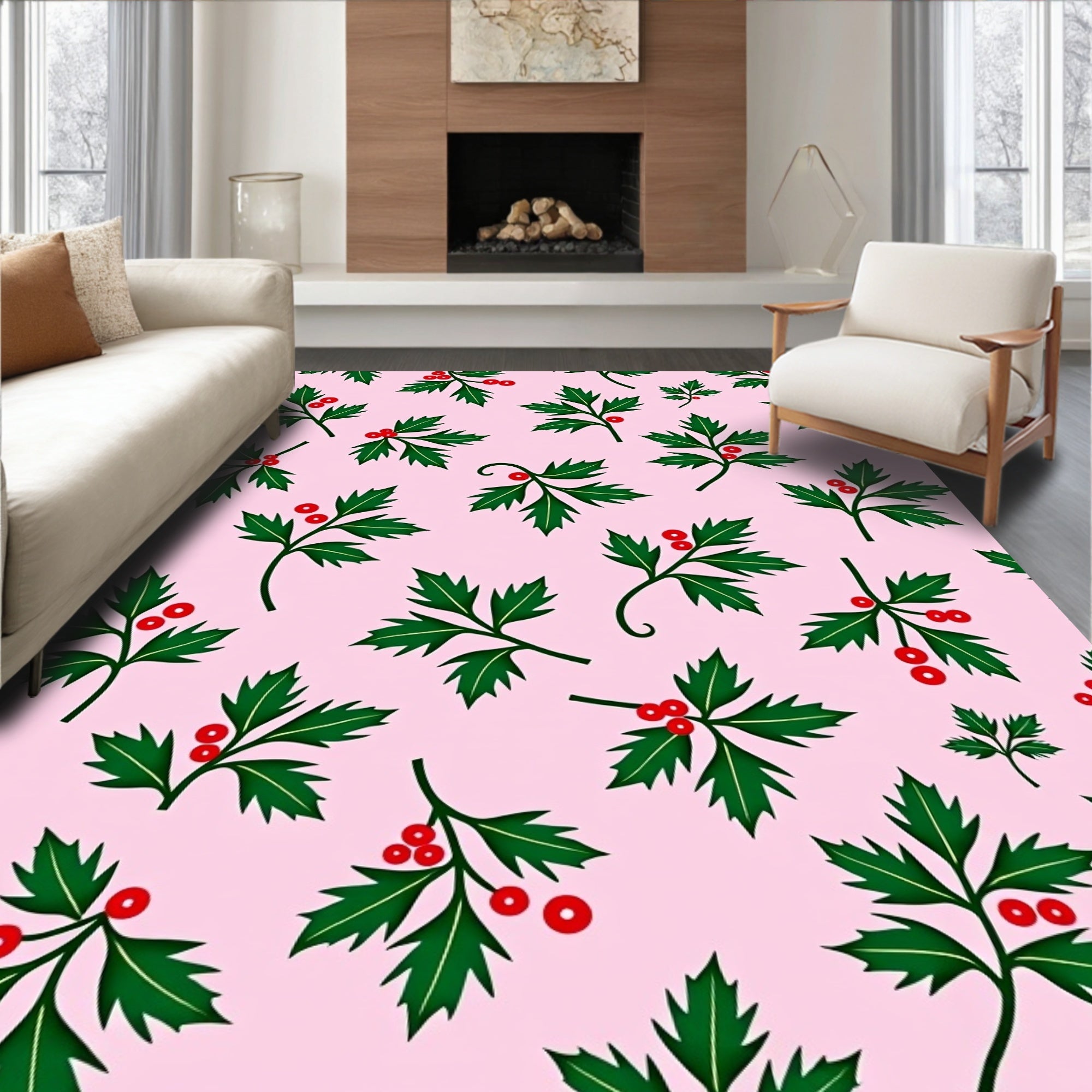 Pink Light Holly Berry Sprigs Rug