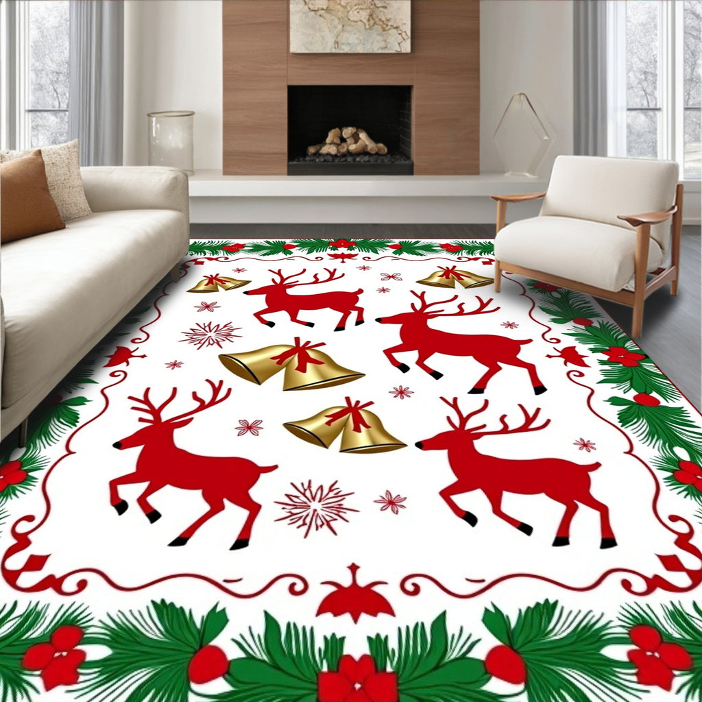 Red Reindeer Gold Bells Evergreen Border Rug