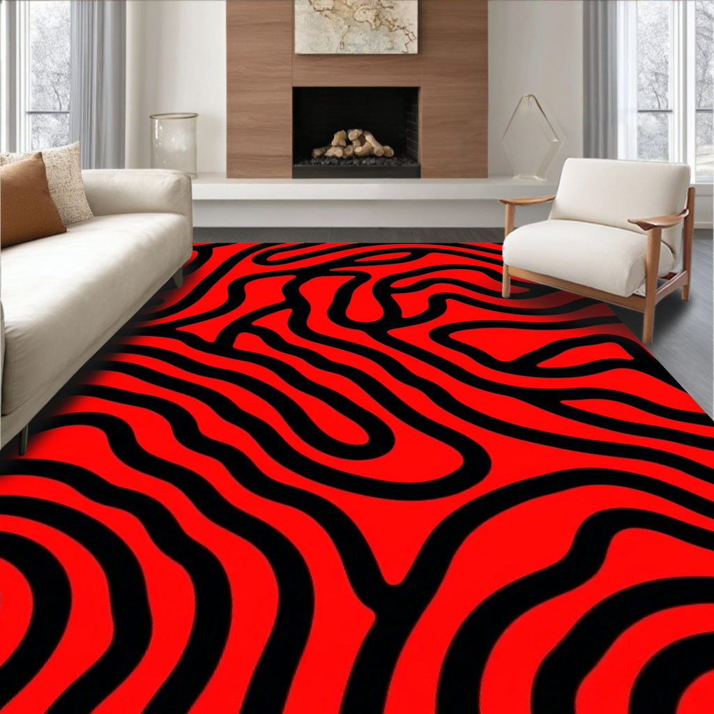 Bold Red and Black Wavy Lines Design Rug