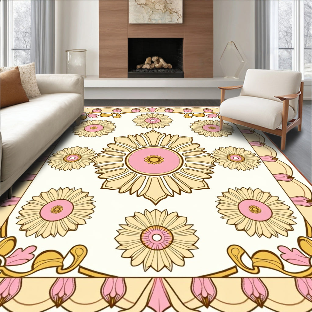 Retro Floral Pink Yellow Sunburst Rug