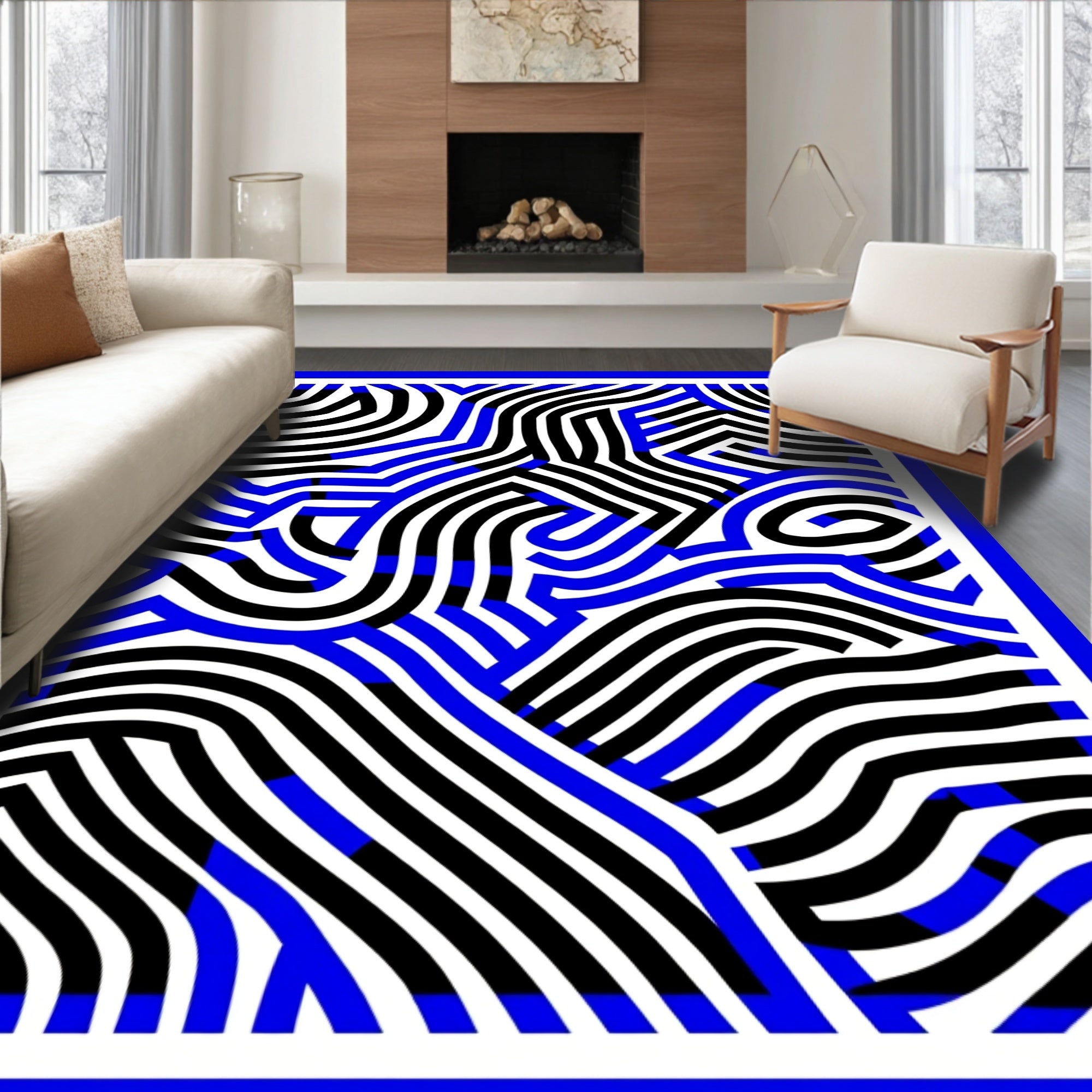 Bold Blue Black Abstract Waves Rug