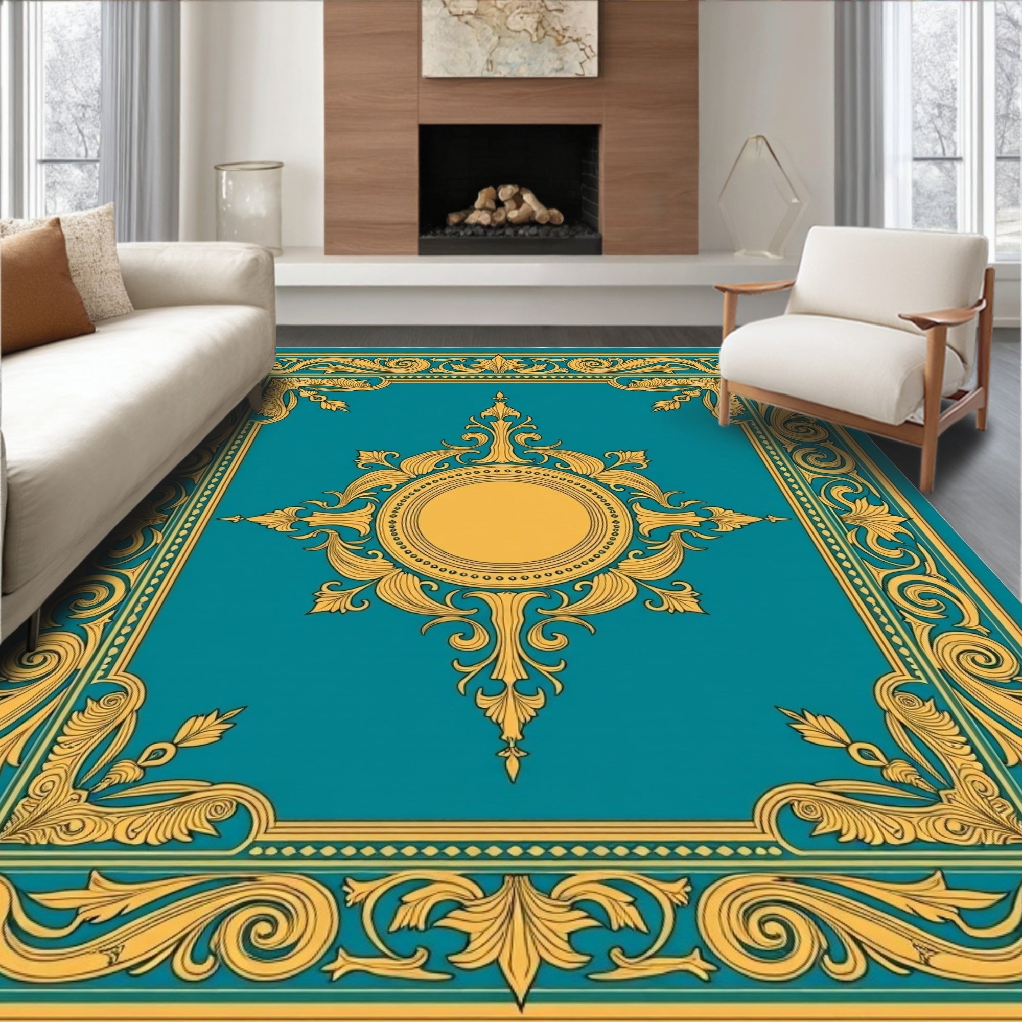 Ornate Teal Gold Baroque Design Rug