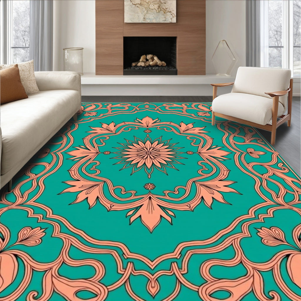 Ornate Teal Coral Floral Scroll Design Rug