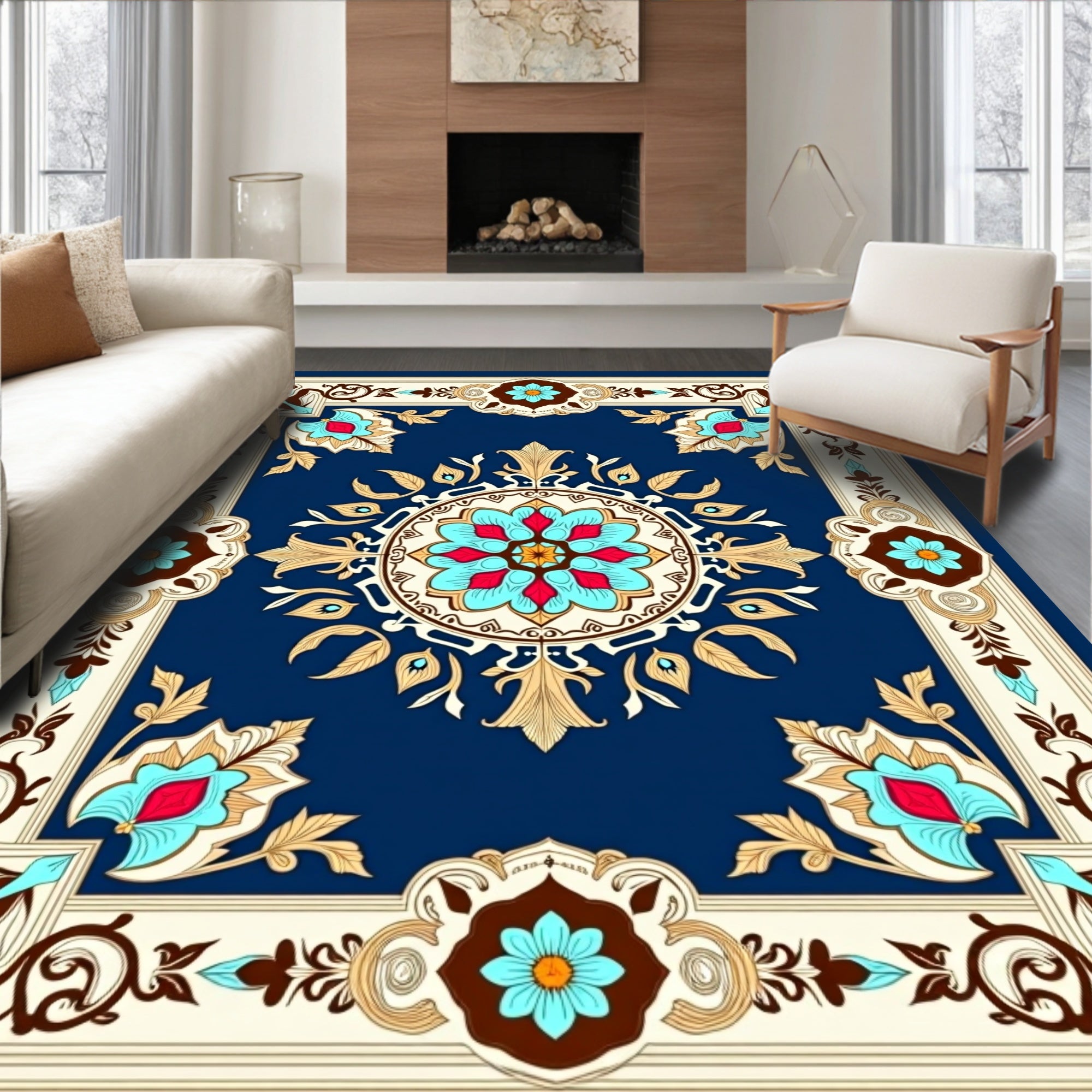 Vibrant Floral Leaf Border Design Rug