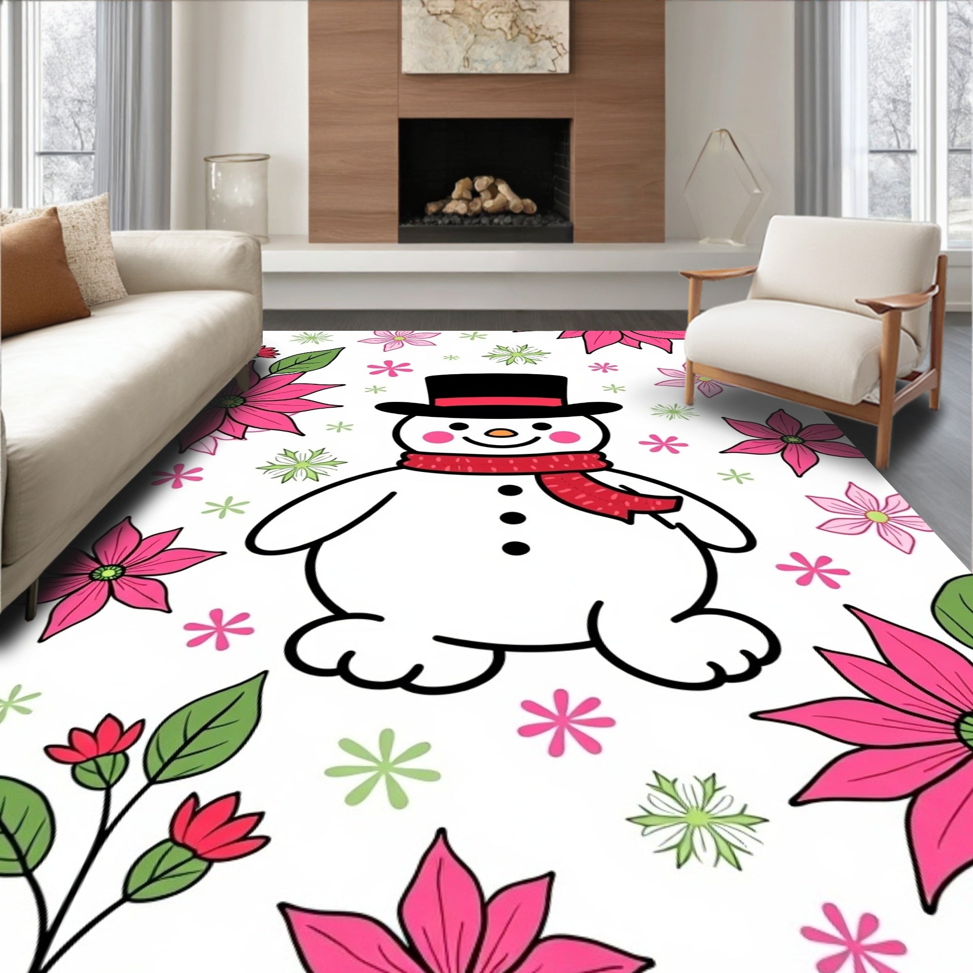 Pink Poinsettia Snowman Winter Scene Rug