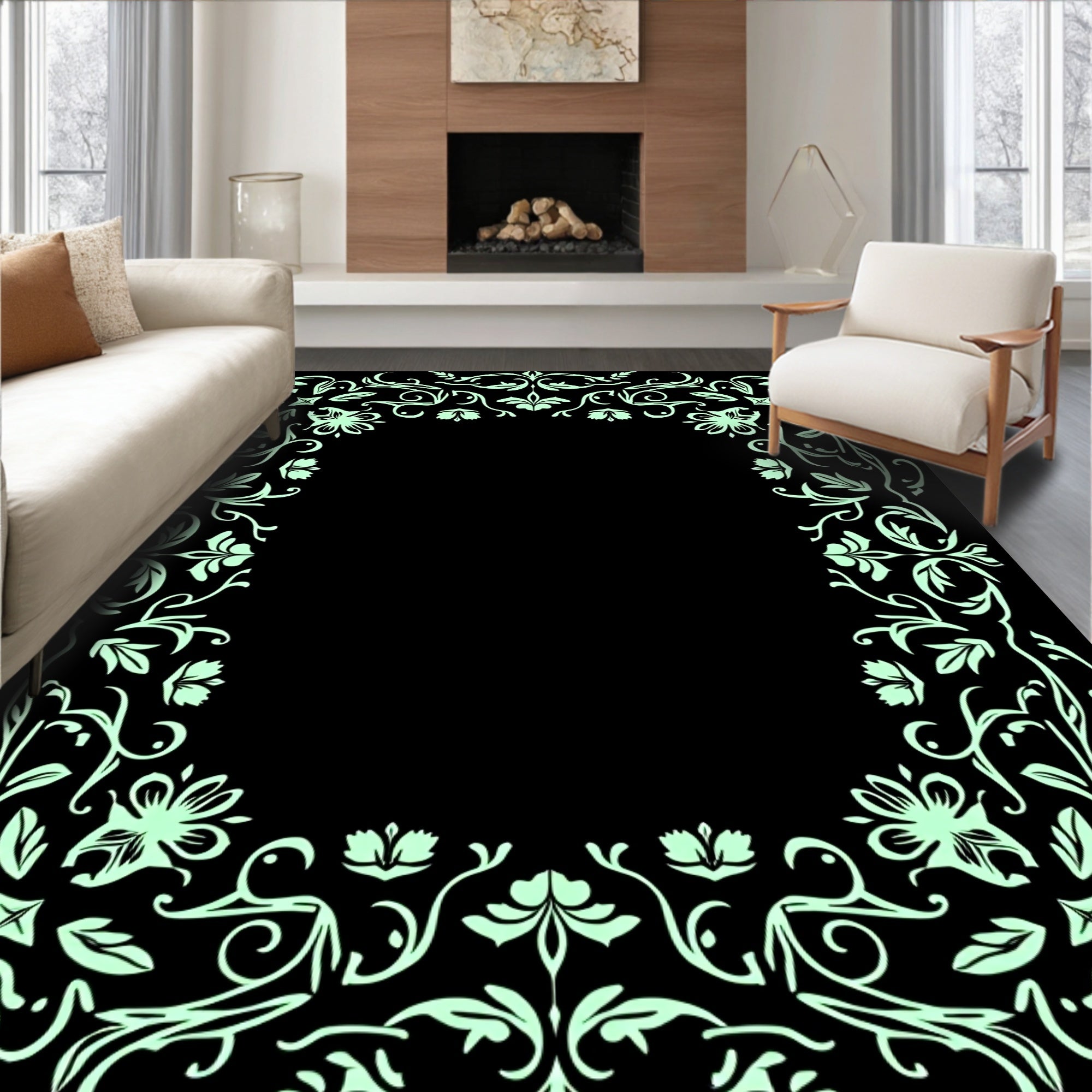 Vintage Floral Swirl Accent Border Rug
