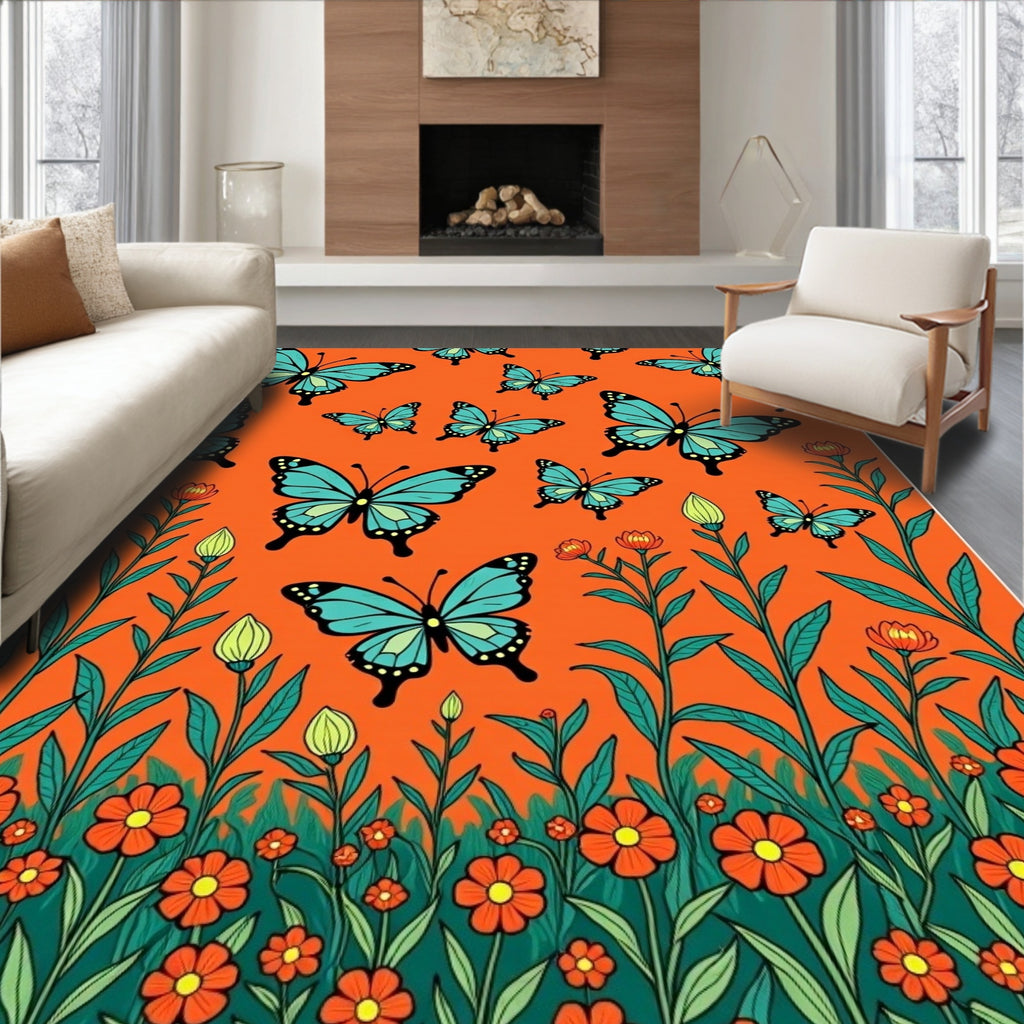 Orange Butterfly Garden Floral Pattern Rug